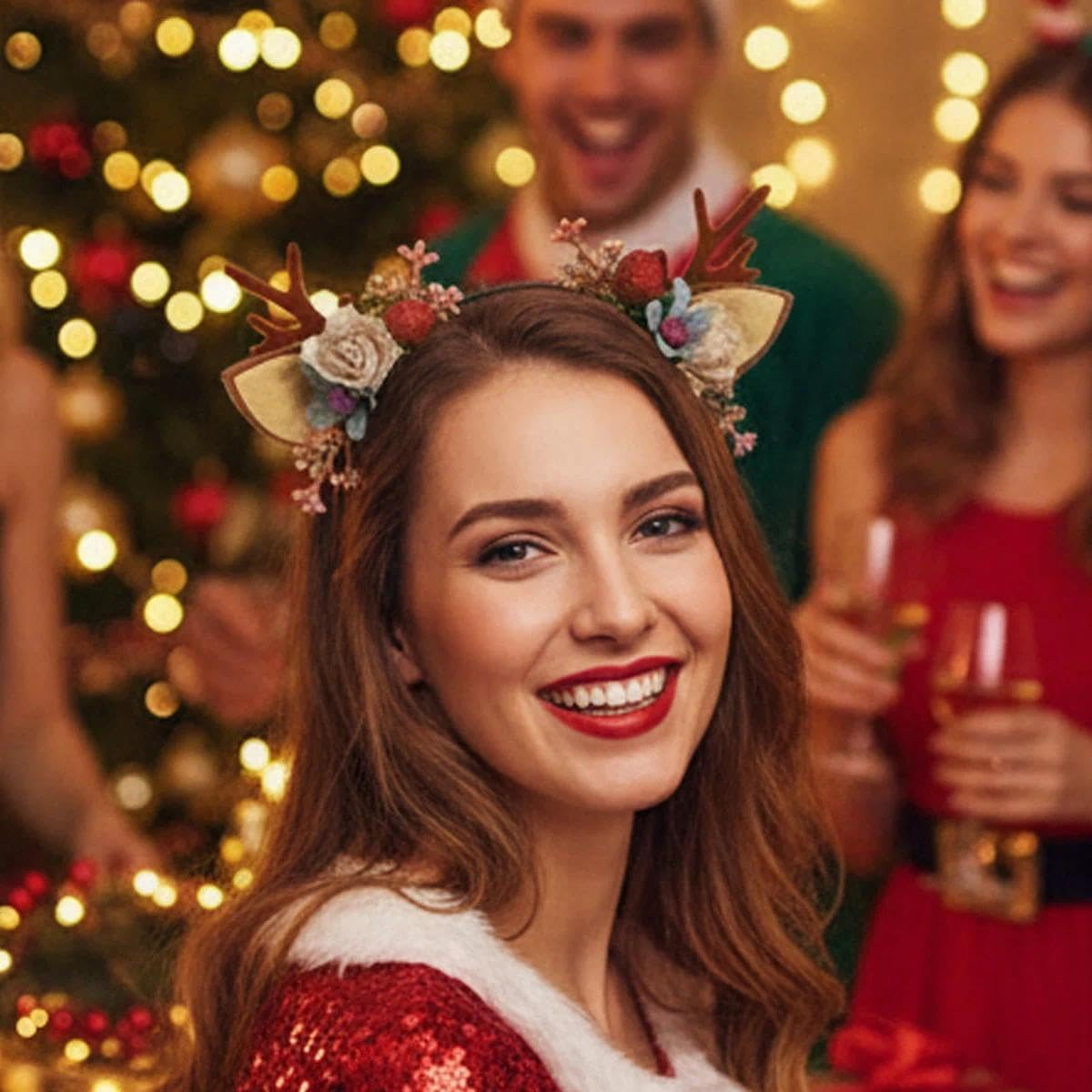 Unron Christmas Reindeer Antler Headband Xmas Flower Antler Ears Hair Band for Women Girls