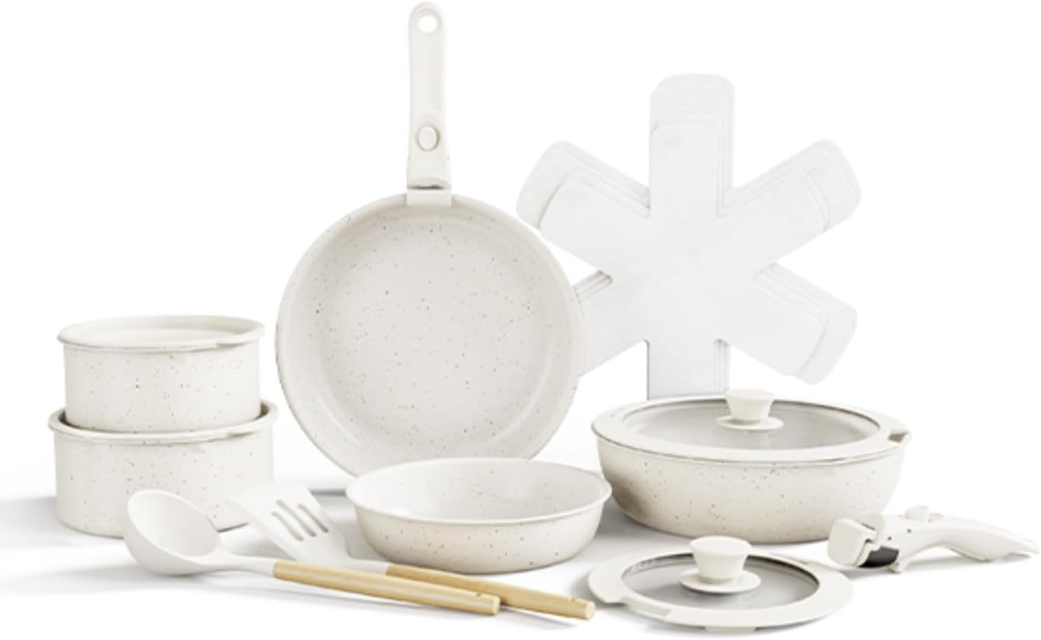 Nonstick Cookware Set, 17Pcs Pots and Pans Set Removable Handles, Induction RV Kitchen Set, Stain & Scratch-Resistant, Dishwasher/Oven Safe, PFAS/PFOA Free, Cream White image number 4