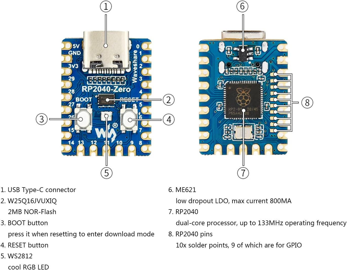2PCS Rp2040-Zero Mini Board, Pico-Like MCU Board Based on Raspberry Pi MCU RP2040, Dual-Core Arm Cortex M0+ Processor, Onboard 2MB Flash Memory, Type-C USB Connector, Support C/C++，Micropython