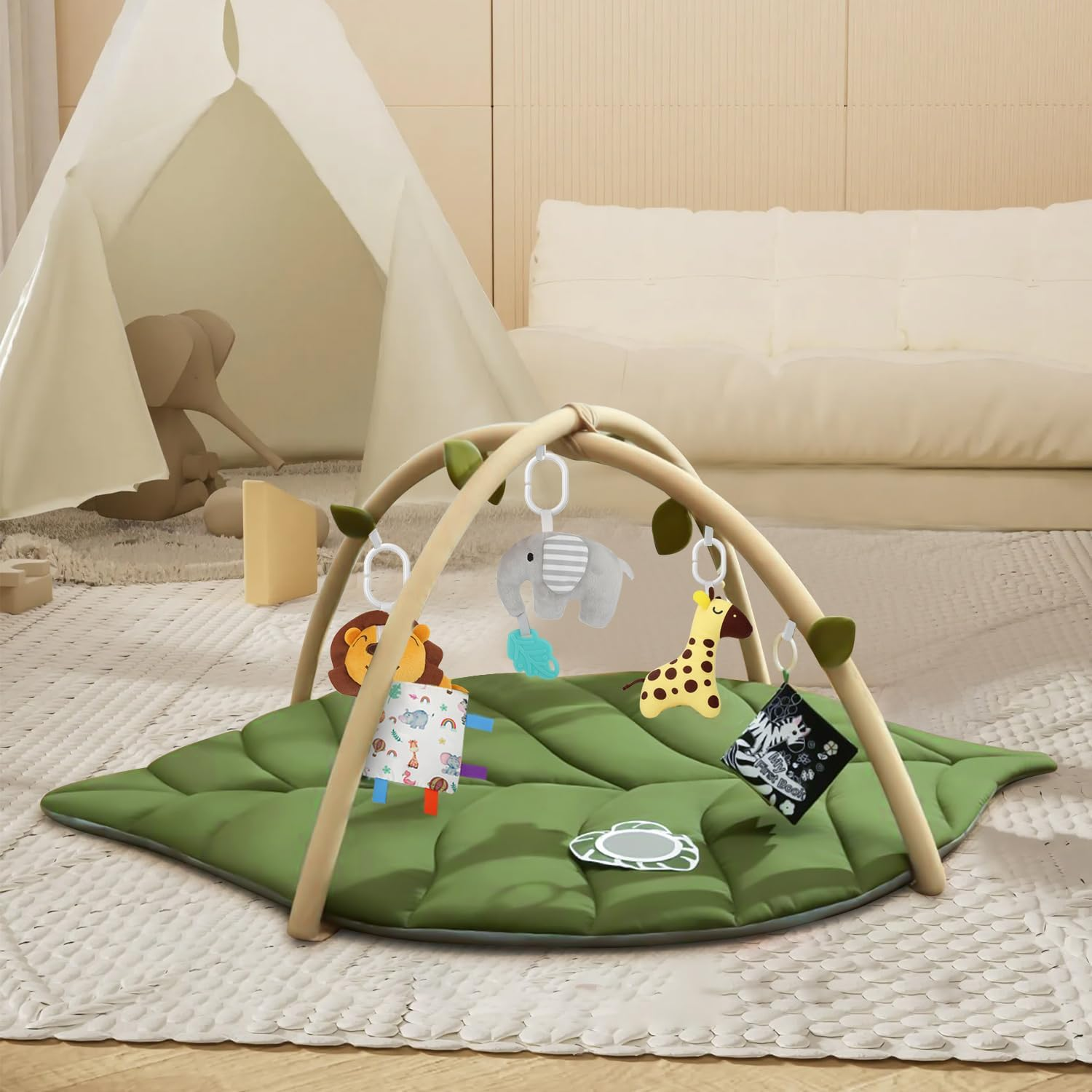 Baby Play Gym Baby Play Mat, Leaf Shaped Baby Mat with 6 Detachable Toys, Tummy Time Mat High Contrast Toys & Self-Discovery Mirror image number 2