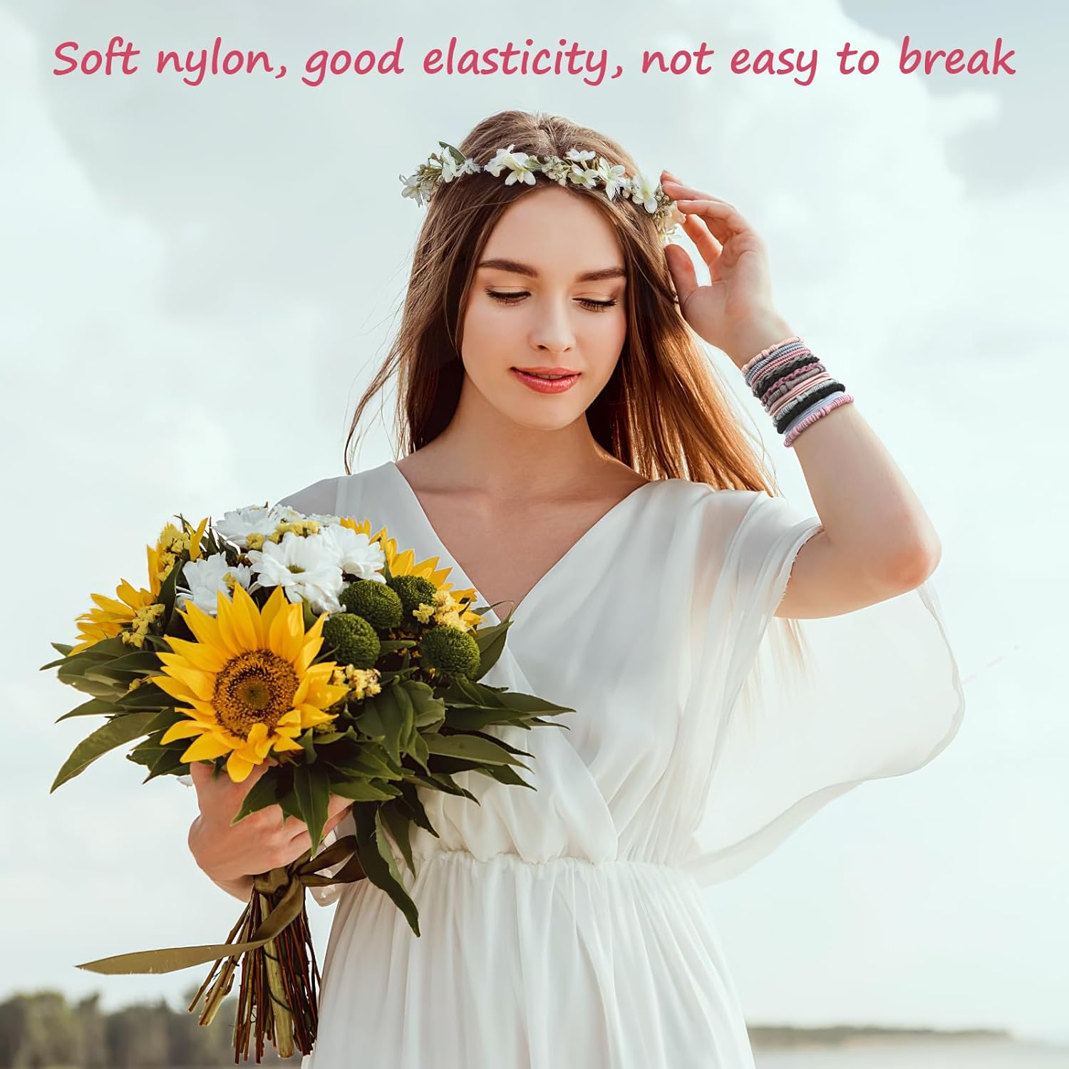 Boho Hair Ties, 20 PCS of 4 Styles Cute Hair Bands for Thick or Thin Hair, No Damage, Pink Elastic Hair Accessories for Girls and Women image number 5