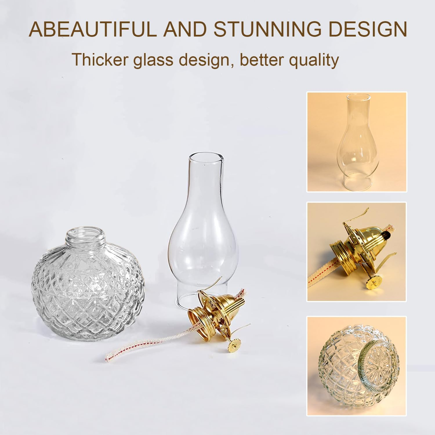 2 Pieces Chamber Oil Lamps,Transparent Glass Oil Lamps for Indoor Use, 250Ml Clear Kerosene Lamp for Emergency Lighting, Home Decor, Prayer, Hurricane Lantern (Brown) - Transparent image number 5