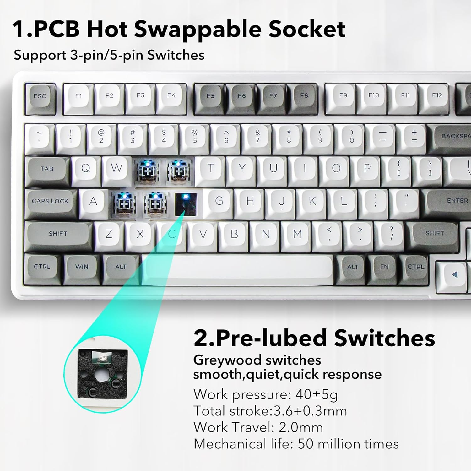 HUO JI Z-99 Wired Mechanical Keyboard, Creamy Sound, Hot Swappable Pre-Lubed Linear Switches, Gasket Structure with Sound Dampening Foam, RGB Backlit, 99 Keys Custom Gaming Keyboard for Pc/Mac,Gray image number 6