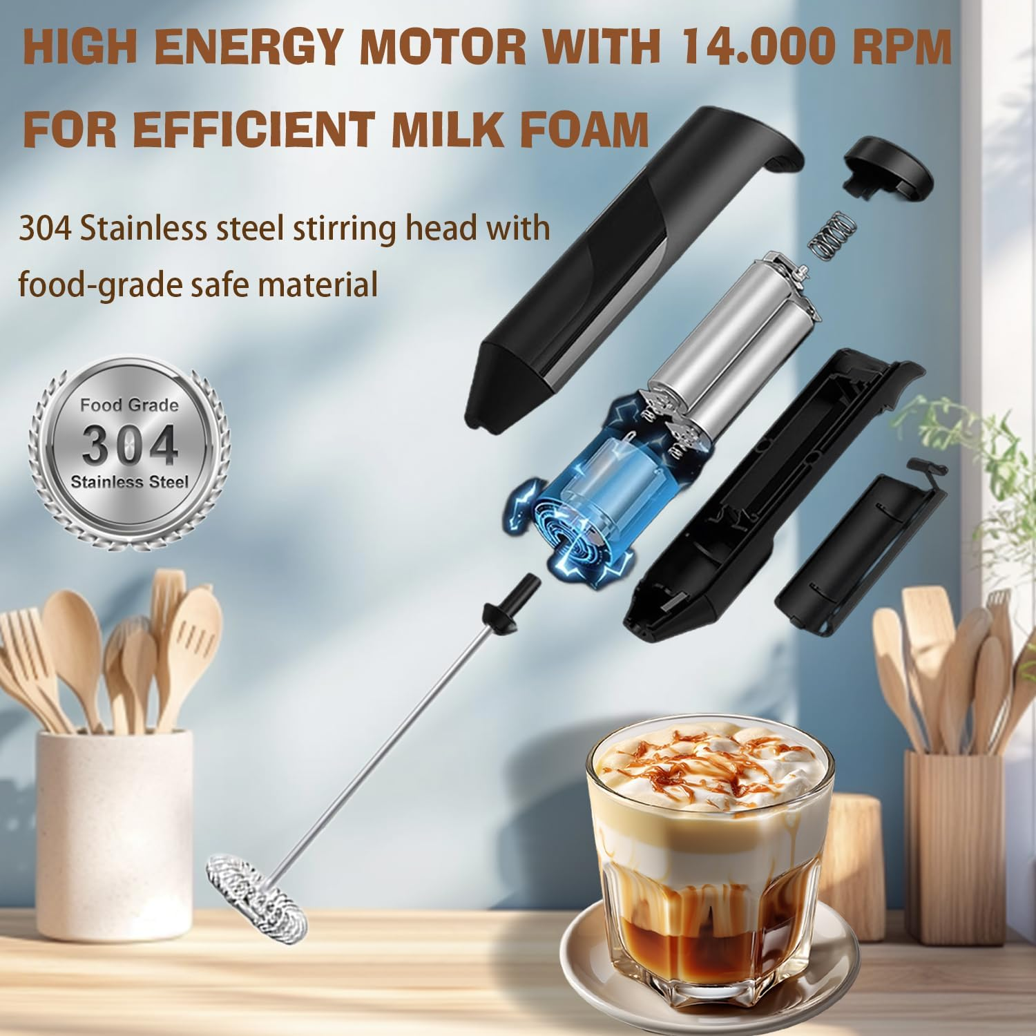 Handheld Milk Frother for Coffee & More - Electric Whisk for Lattes, Cappuccino, Matcha, Frappe & Eggs | Battery-Powered Drink Mixer | No Stand Needed (Black/Stainless Steel) image number 1