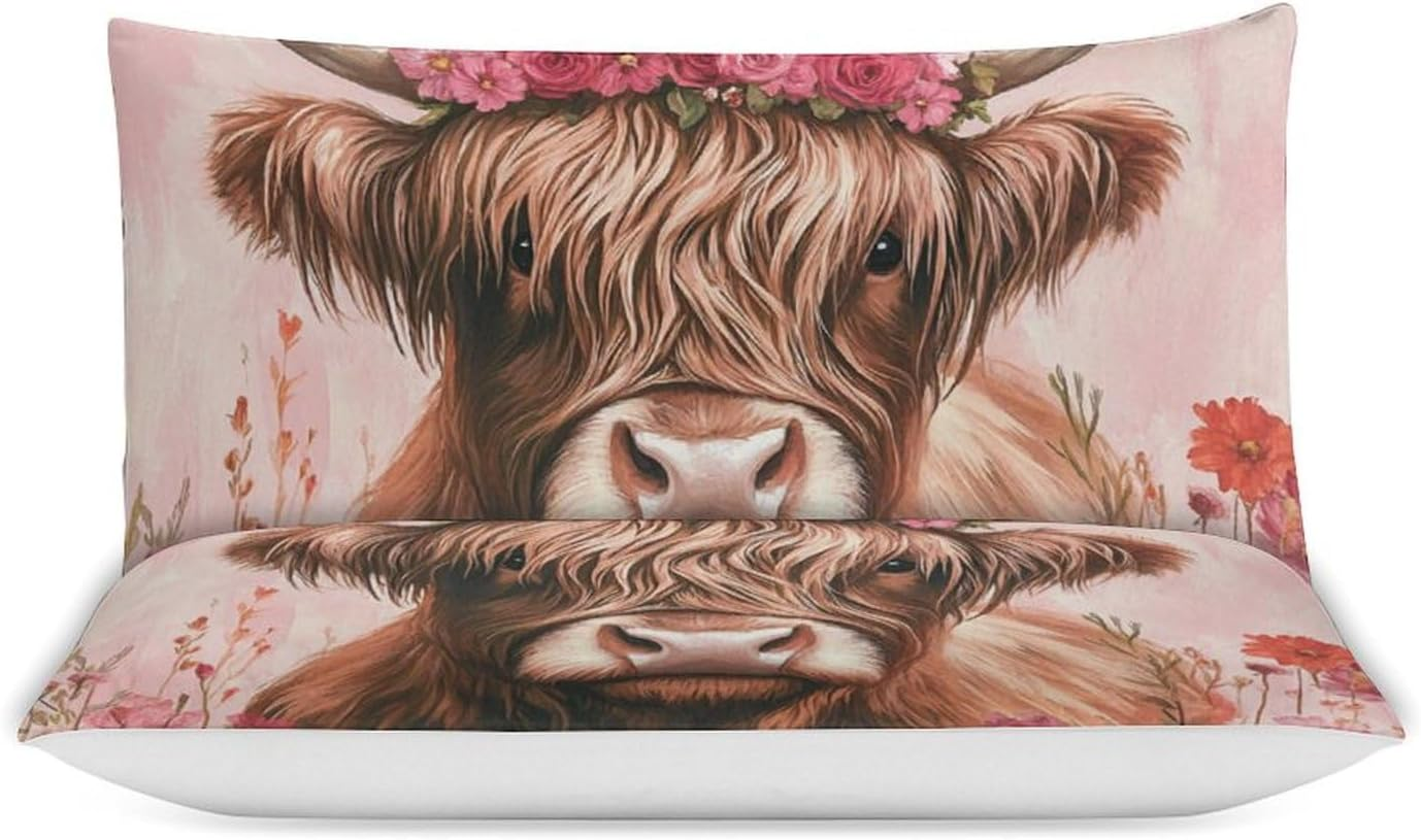 Highland Cow Duvet Cover Sets Bedding Set Cartoon Animal Comforter Cover with Hidden Zipper 3 Pieces Soft Microfiber Quilt Cover with Pillowcase,Queen（210X210Cm） image number 2