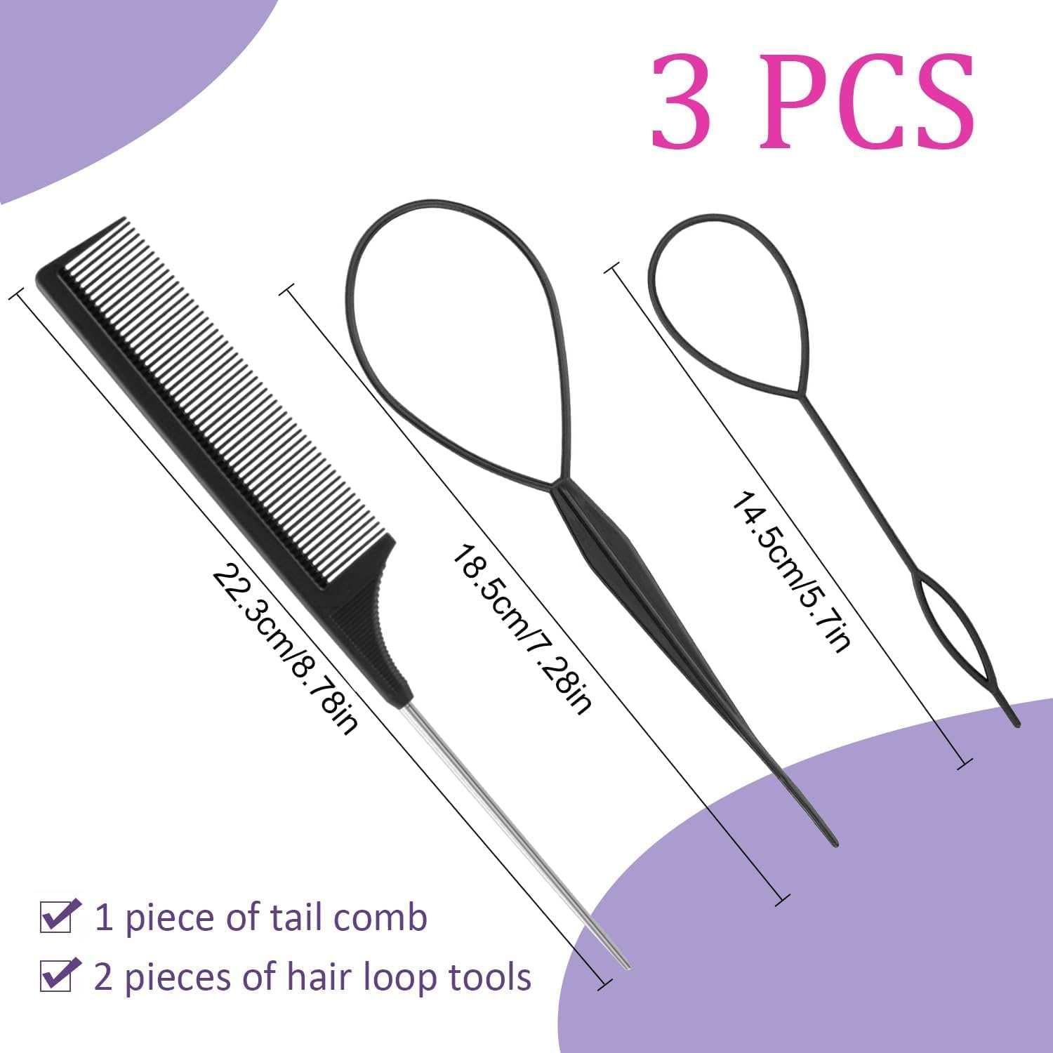3Pcs Topsy Tail Hair Tool, Hair Braiding Tool French Braid Loop Tool, Rat Tail Comb Fast Hair Styling Accessories (Black) image number 4