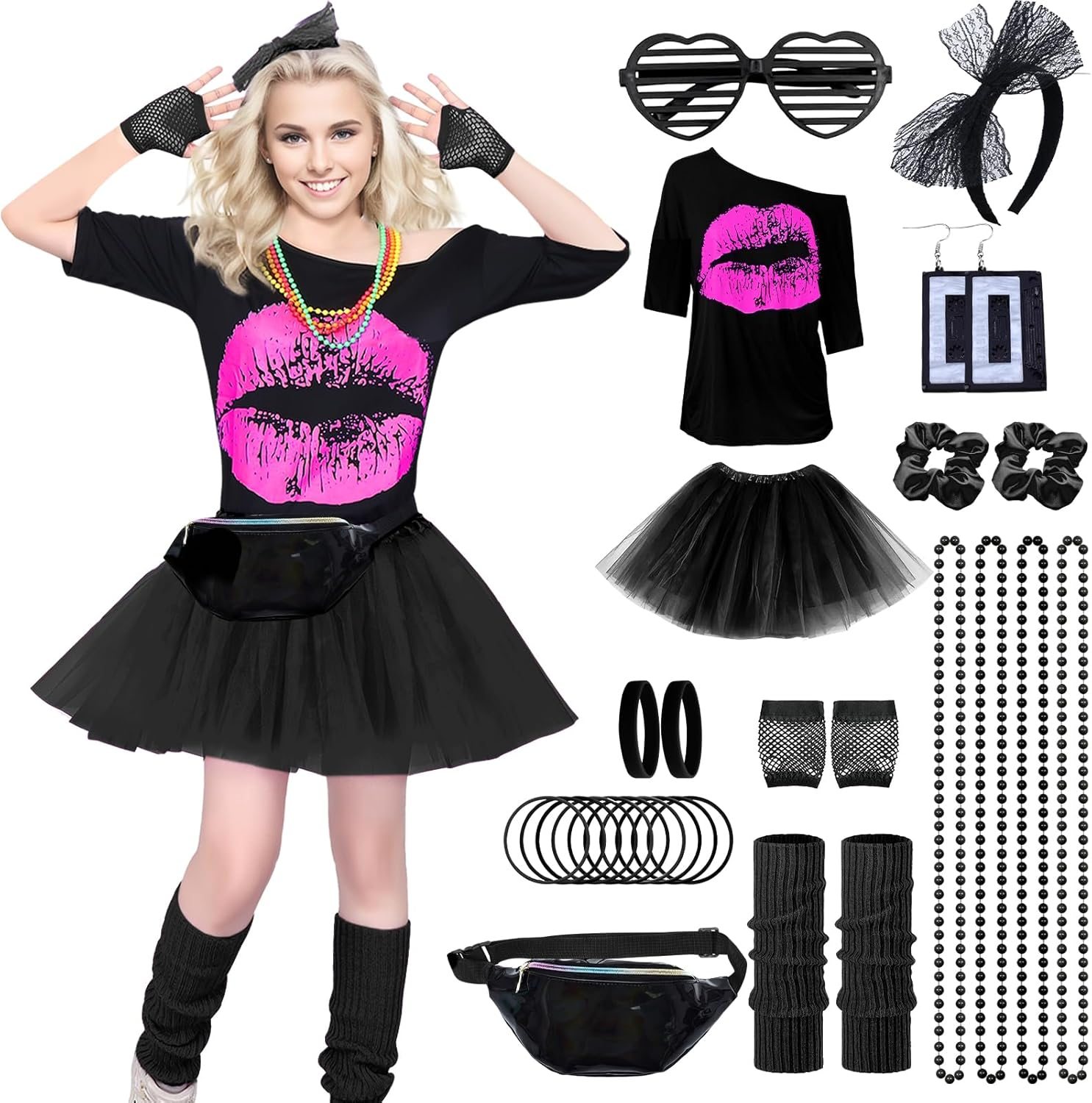 80S Fancy Dress for Women 80S Costume Accessories Set Lips Print T-Shirt Adult Tutu Skirt Lace Headband Neon Earrings Necklace Leg Warmers Fishnet Gloves Bracelet for Party