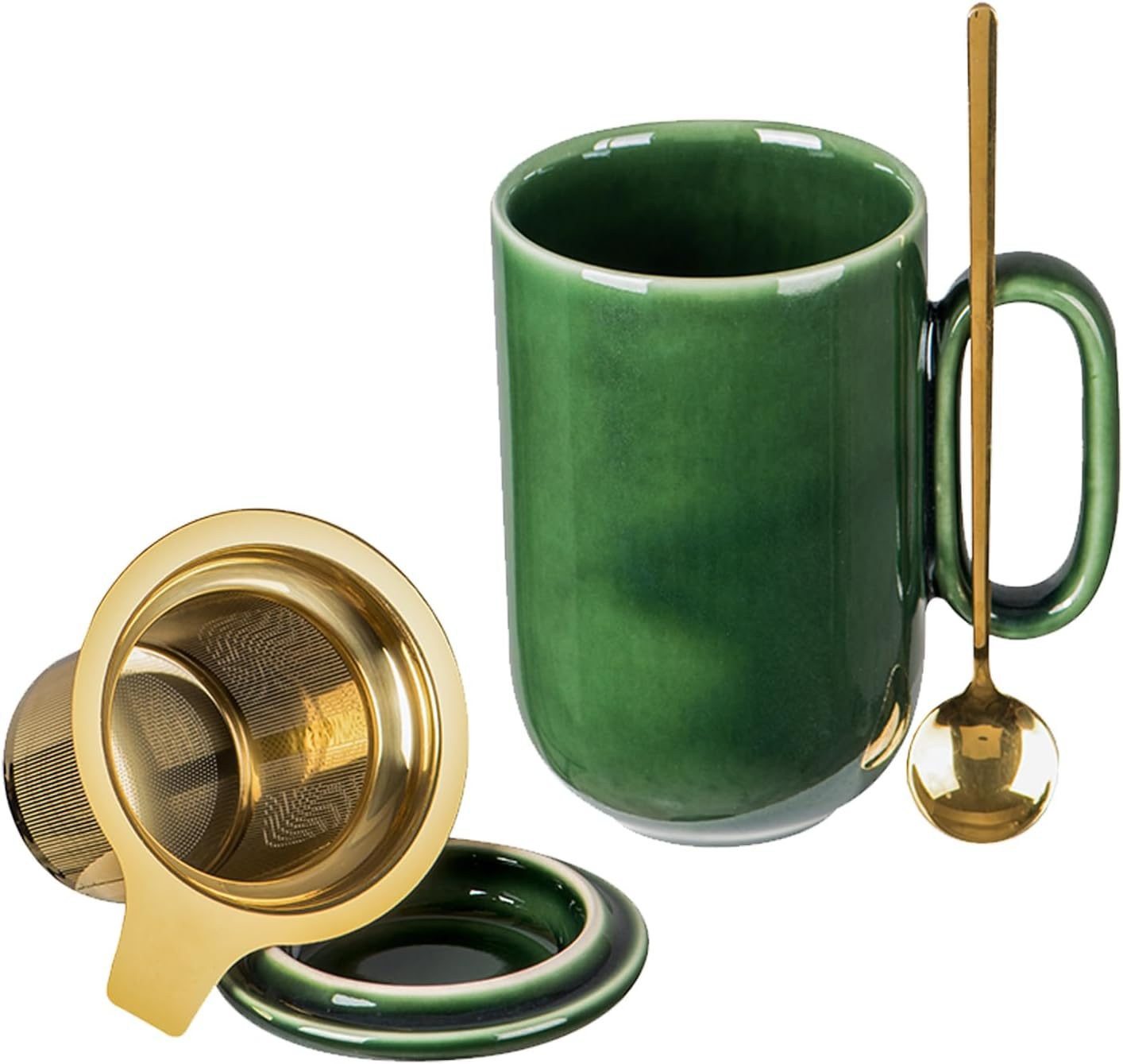 Vicrays Ceramic Tea Cup Mug Infuser Large 16 Oz Hot Loose Steeping Handle Teacup with Leaf Infuser Spoon Lid - Blue Tall Glazed Strainer Coffee Mug Microwave Safe - Green