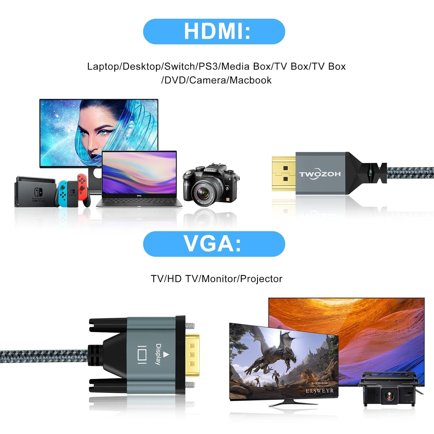 Twozoh HDMI to VGA Cable 3M. Aluminum Alloy Shell Nylon Braided & Gold-Plated Support 1080P/60HZ image number 3