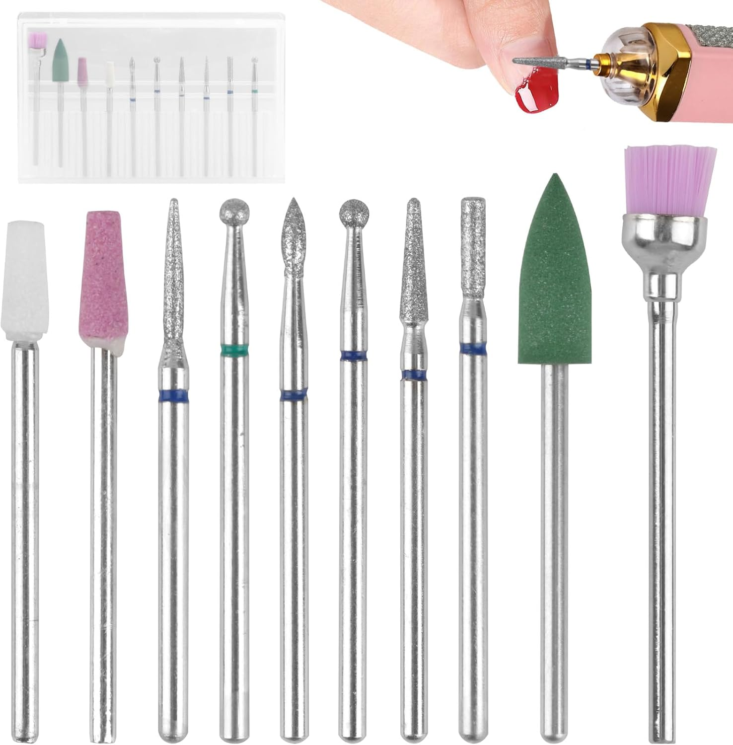 10 Pcs Nail Drill Bits Set, Tungsten Carbide Diamond Nail Drill Bits for Electric E-File Manicure Pedicure Tools, Acrylic Gel Nails Cuticle Remover Kit image number 1