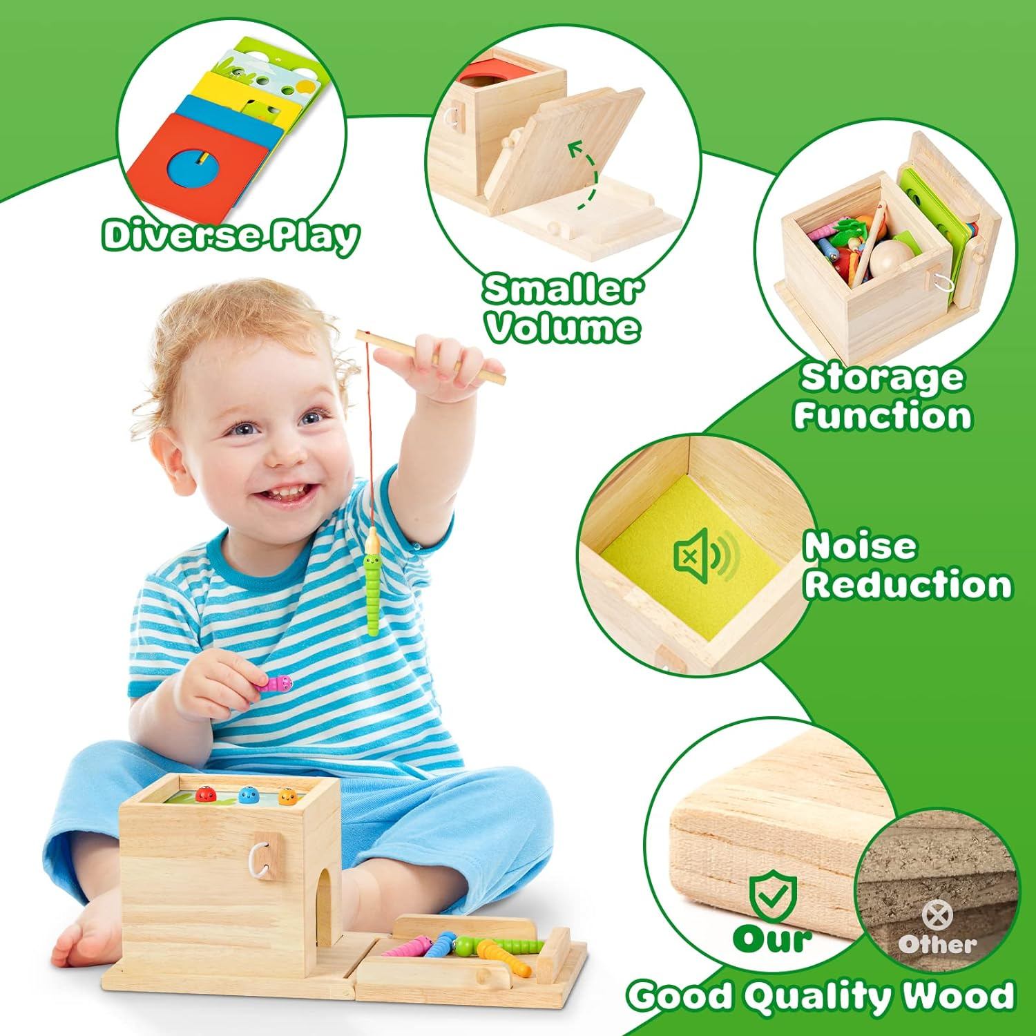 Wooden Montessori Toys for 1 Year Old, 5-In-1, Object Permanence Box, Coin Box, Carrot, Catch Worm, Shape Sorter, Learning Toy for Toddler Aged 1, 2, 3 Year Old Boys Girls image number 4
