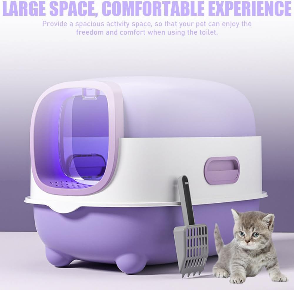 Cat Litter Box with Lid and Scoop UV Sterilization and Deodorization, Easy to Clean and Splash-Proof Detachable Cat Litter Tray with Hood for Medium and Small Cats 55X38X36Cm (Purple)