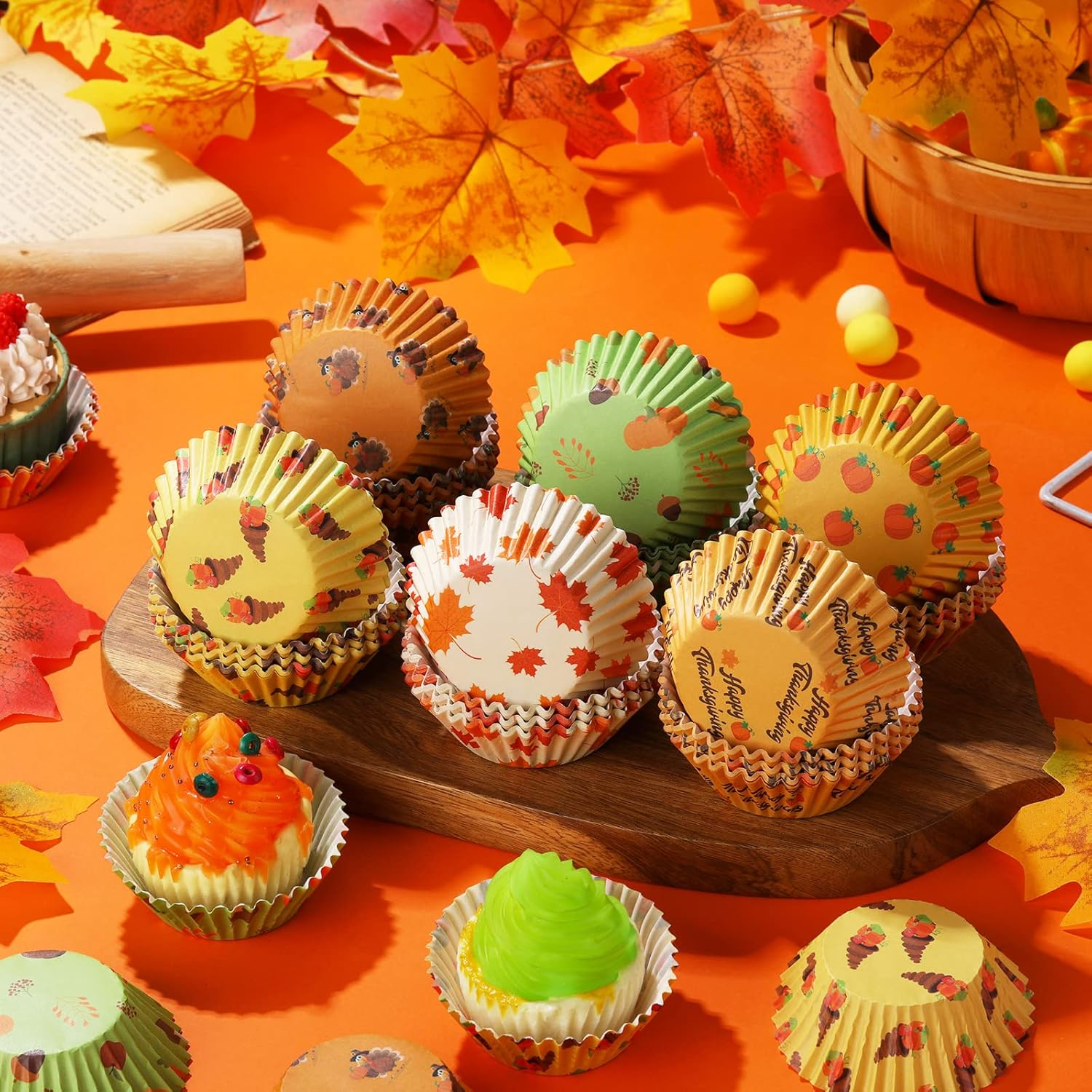 600 Pieces Thanksgiving Cupcake Liners Autumn Cupcake Baking Cups Cupcake Papers Muffin Liners for Baking Thanksgiving Cupcake Wrappers Fall Themed Liners Party Supplies Give Thanks Party Decorations image number 6
