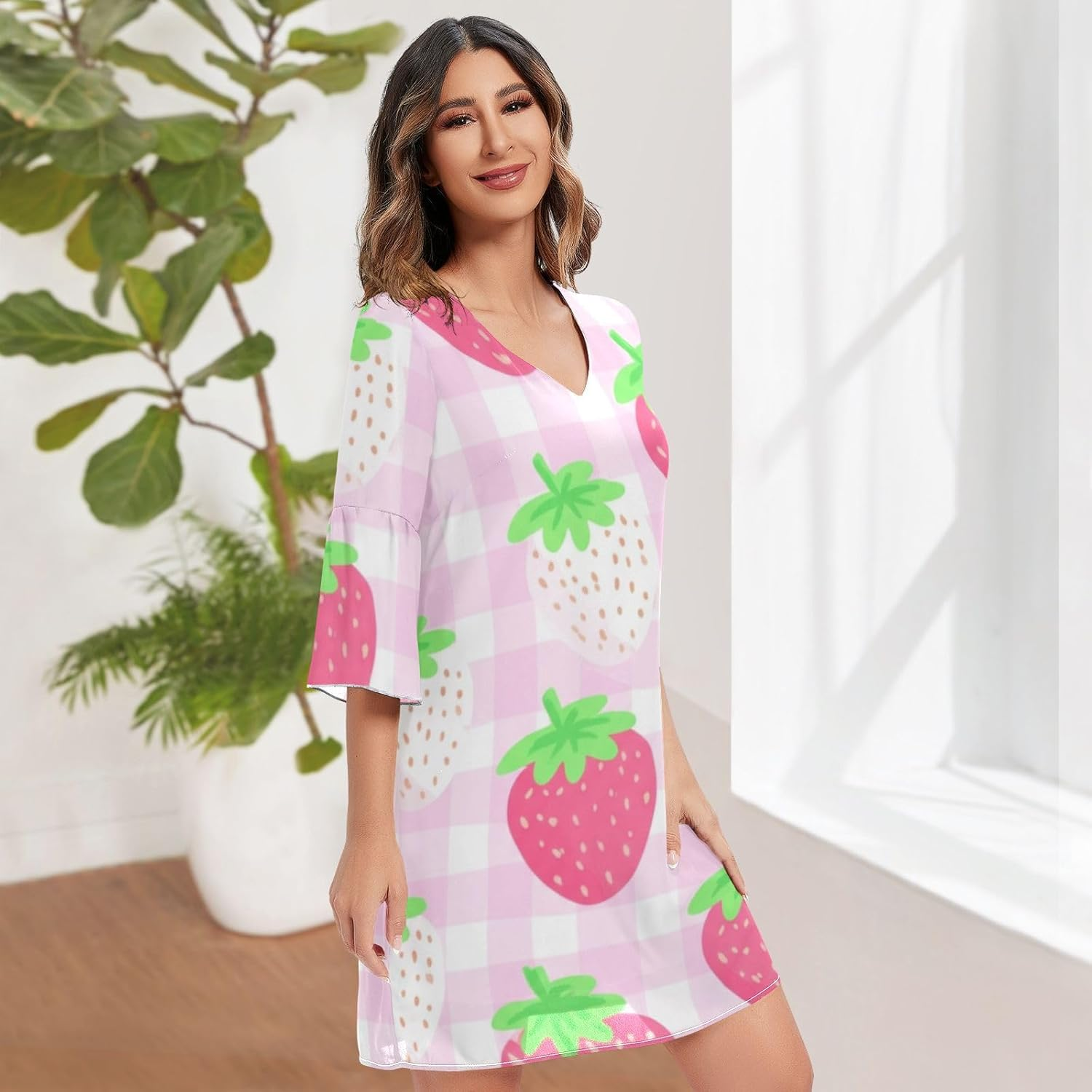 Cute Strawberries Pink V Line Dress 3/4 Sleeve Maternity Dress Party S-XXL image number 3