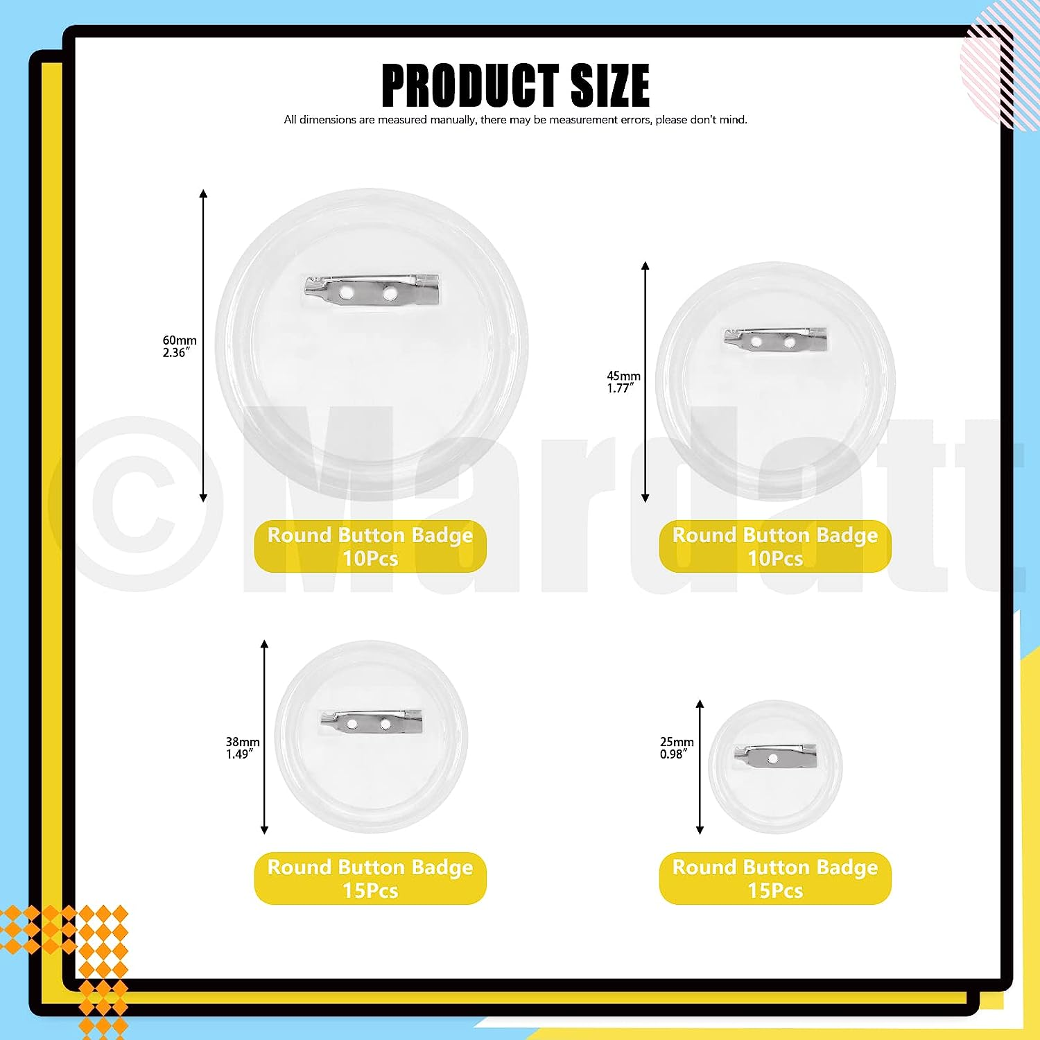 Mardatt 50Pcs 4 Sizes Clear Button Badges Set with Pin, 25/38/45/60Mm Acrylic round Badge Pins Blank Button Picture Custom Design for DIY Making Craft Supplies Christmas Festival Gift image number 4