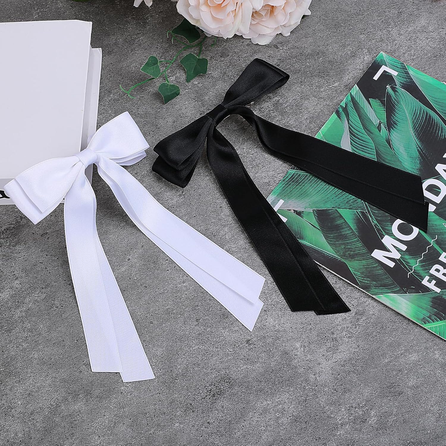 Pack of 2 Hair Bow, Elegant Hair Bow, Women'S Bow Hair, French Hair Clip Bow, Non-Slip Silky Satin Hair Bows Girls (White/Black) image number 4
