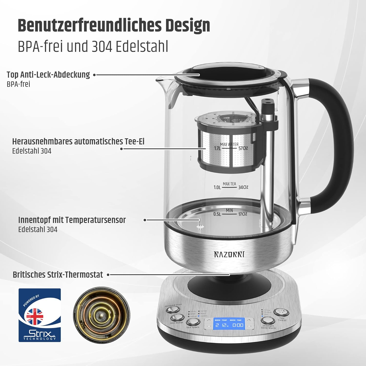 Razorri Electric Tea Maker - 1.7 L, Automatic Lifting Basket, BPA Free, 5 Types and 3 Brewing Strengths, Keep Warm up to 60 Minutes, Programmable Time, with Stainless Steel image number 1