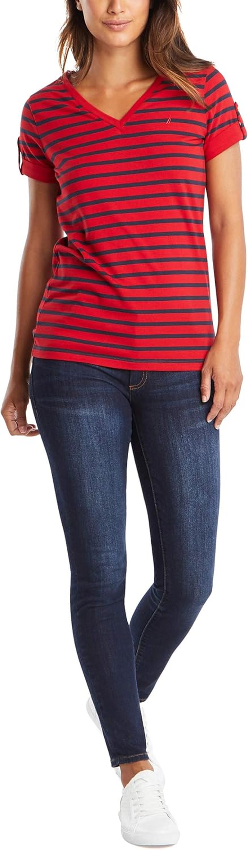 Nautica Women'S Easy Comfort V-Neck Striped Supersoft Stretch Cotton T-Shirt image number 1