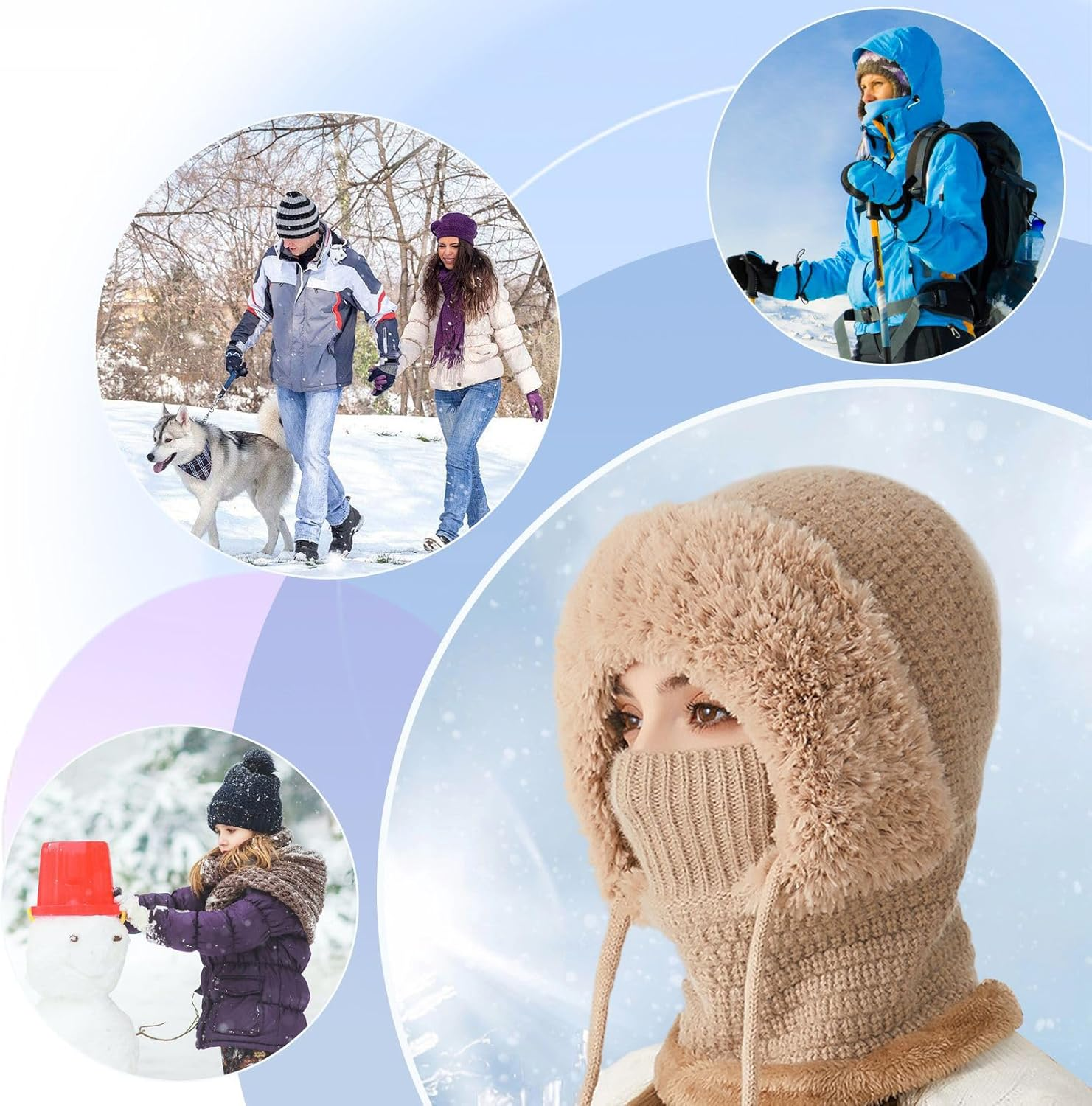 3 In1 Beanie Hat with Scarf and Face Cover - Winter Balaclava | Fall Winter Warm Knitted Windproof Beanie with Thick Soft Fleece Lining | One-Piece Hood Ski Maskes for Hiking, Travel, Skiing, Cycling - Creamy image number 5