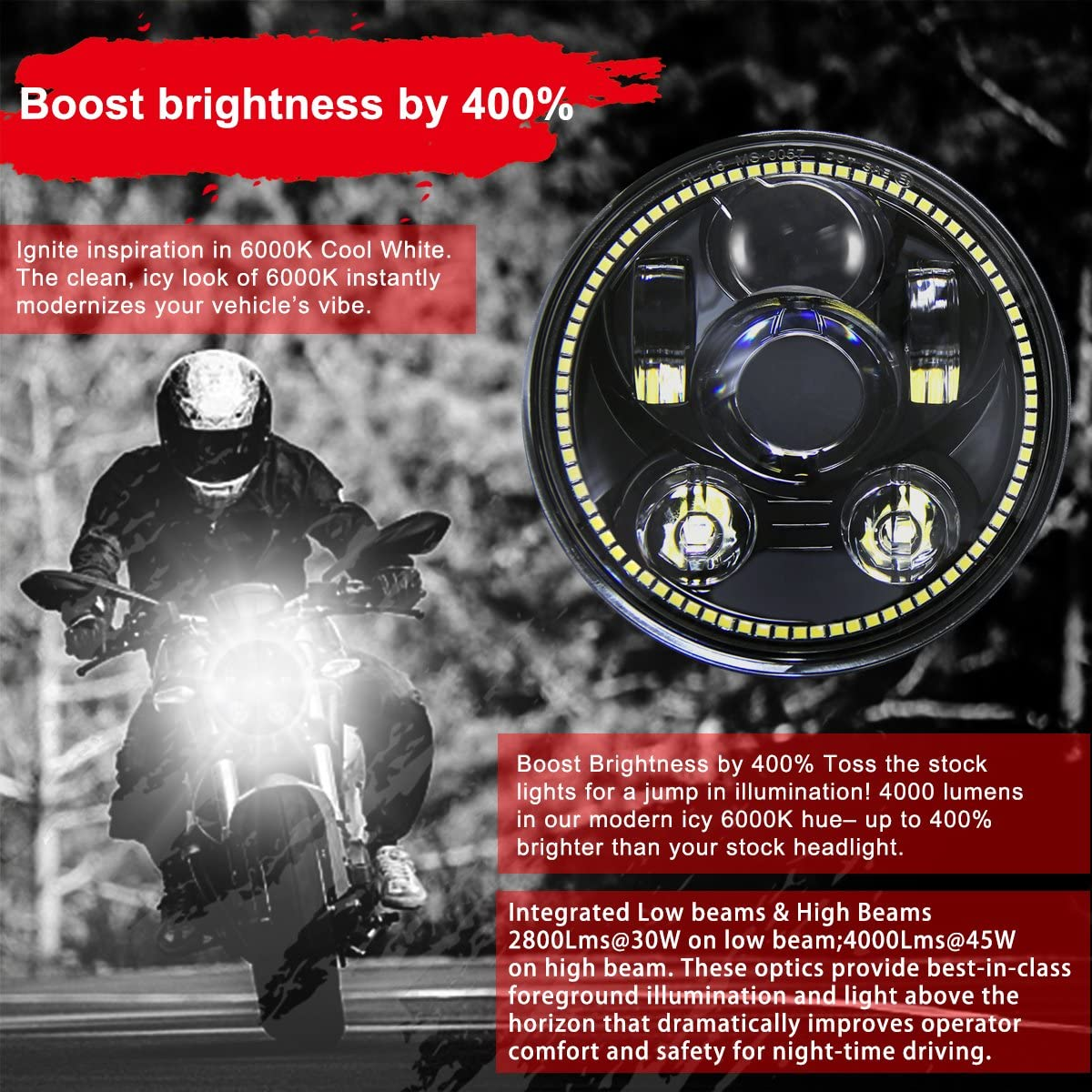 Wisamic 5-3/4" 5.75" LED Projection Headlight for Harley-Davidson 883, Sportster, Triple, Low Rider, Wide Glide Motorcycles (Black with Halo) image number 2