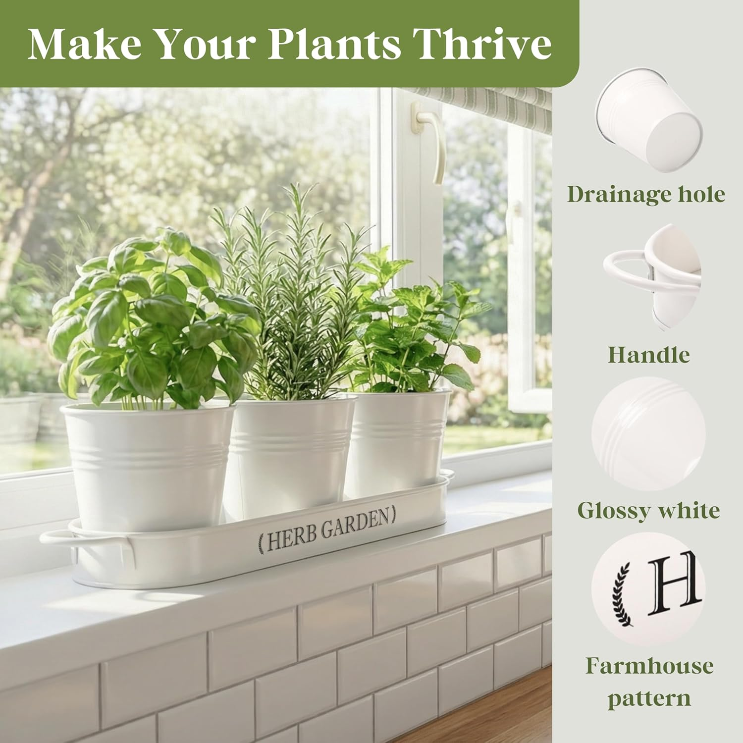 PERFNIQUE Indoor Herb Garden, Herb Garden Planter for Indoor/Outdoor, Farmhouse Plant Pots, Windowsill Herb Garden Kit with Tray, Window Pots for Indoor Plants (Off White) - Matte Black image number 6