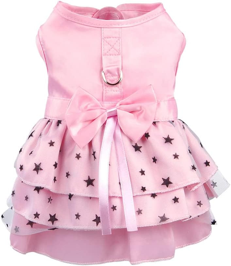 Hdwk&Hped Dog Dress with Leash Ring, Princess Multi-Layer Pleated Skirt Pentagram Bow Pet Dress for Small Dog Puppy Cat Pink #6 image number 6
