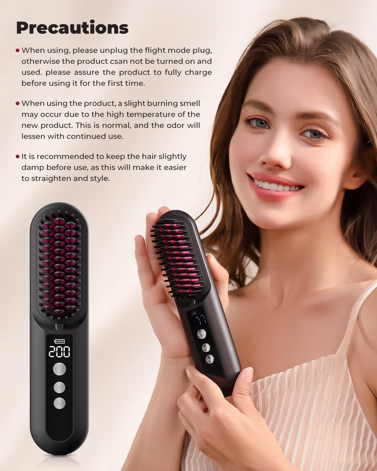CARER SPARK Wireless Straightening Brush, Portable Mini Hair Brush for Travel with Millions of Negative Ions, Ultra-Long Working Time of 80 Minutes, 9 Temperature Levels, 150&deg;C - 230&deg;C image number 1