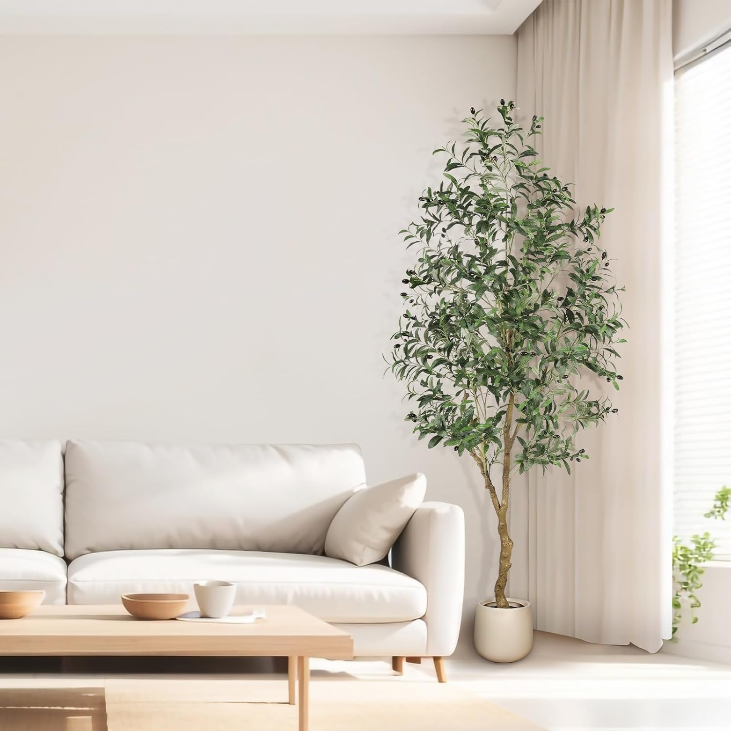 7Ft Olive Trees Artificial Indoor - Tall Faux Olive Tree 7 Feet (84") with Pot, Fake Plants Natural Branches and Realistic Leaves Olive Silk Tree for Home Office Decor image number 2