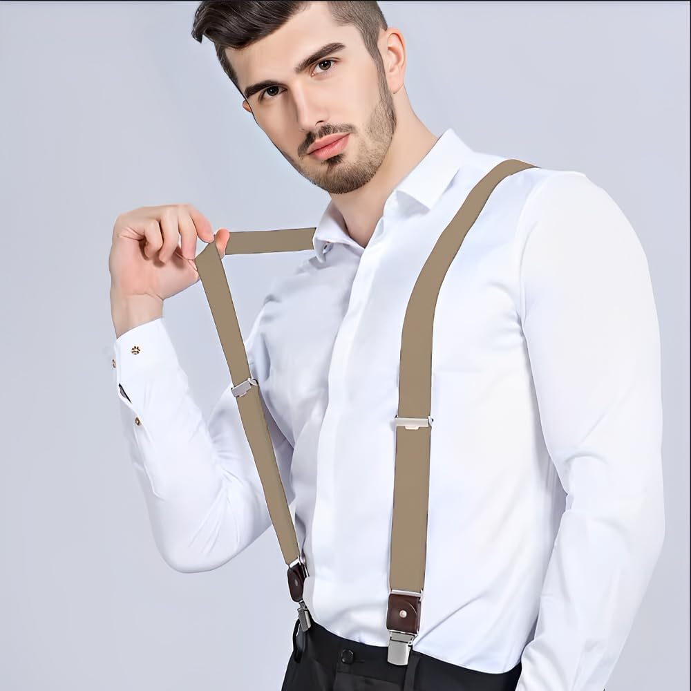 Suspenders for Men Adjustable Y Back Suspenders Elastic Mens Braces Mens Suspender with Strong Metal Clips for Men Women Trousers Jeans Suit Pants Tuxedo, Khaki image number 5