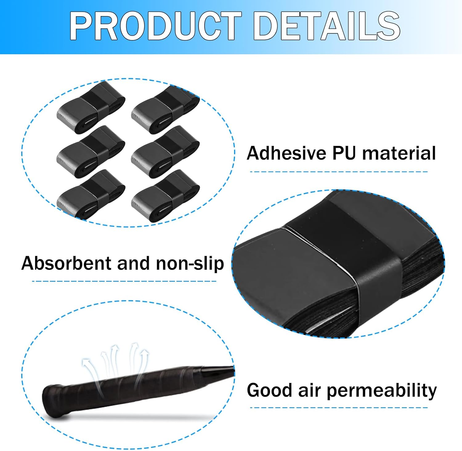 6 Pcs Tennis Racket Grip Tape, Compatible with Badminton Grip Tape, Wrap Your Racquet for High Performance Comfort for anti Slip and Absorbent Grip (6 Grips, Black) image number 2