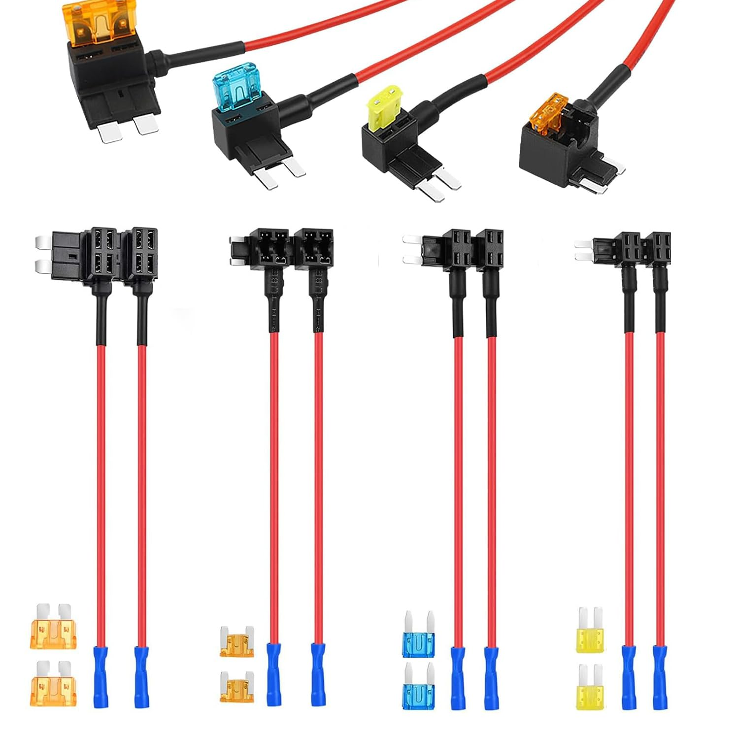 Lxcshljx 8 Pcs 12V Car Add-A-Circuit Fuse Tap, 4 Types Car Fuse Tap Kit, Standard Mini Micro2 and Low Profile Mini Fuse Taps, ATO ATC ATM APM Fuse Holder with Tap Adapter for Cars Trucks Boats