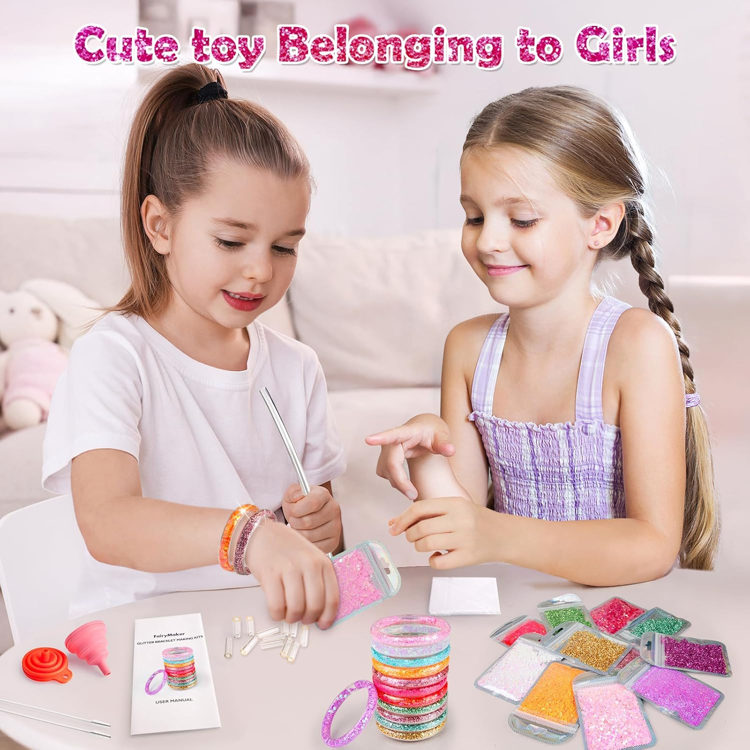 Fairymaker Glitter Bracelet Making Kit for Girls, DIY Arts and Crafts Kit with 12 Bracelets, 8 Glitter Colours, 4 Gemstone Types, Laser Sparkle Shapes for Kids&rsquo; Birthday, Gifts for Ages 6-12 (Multicolored)