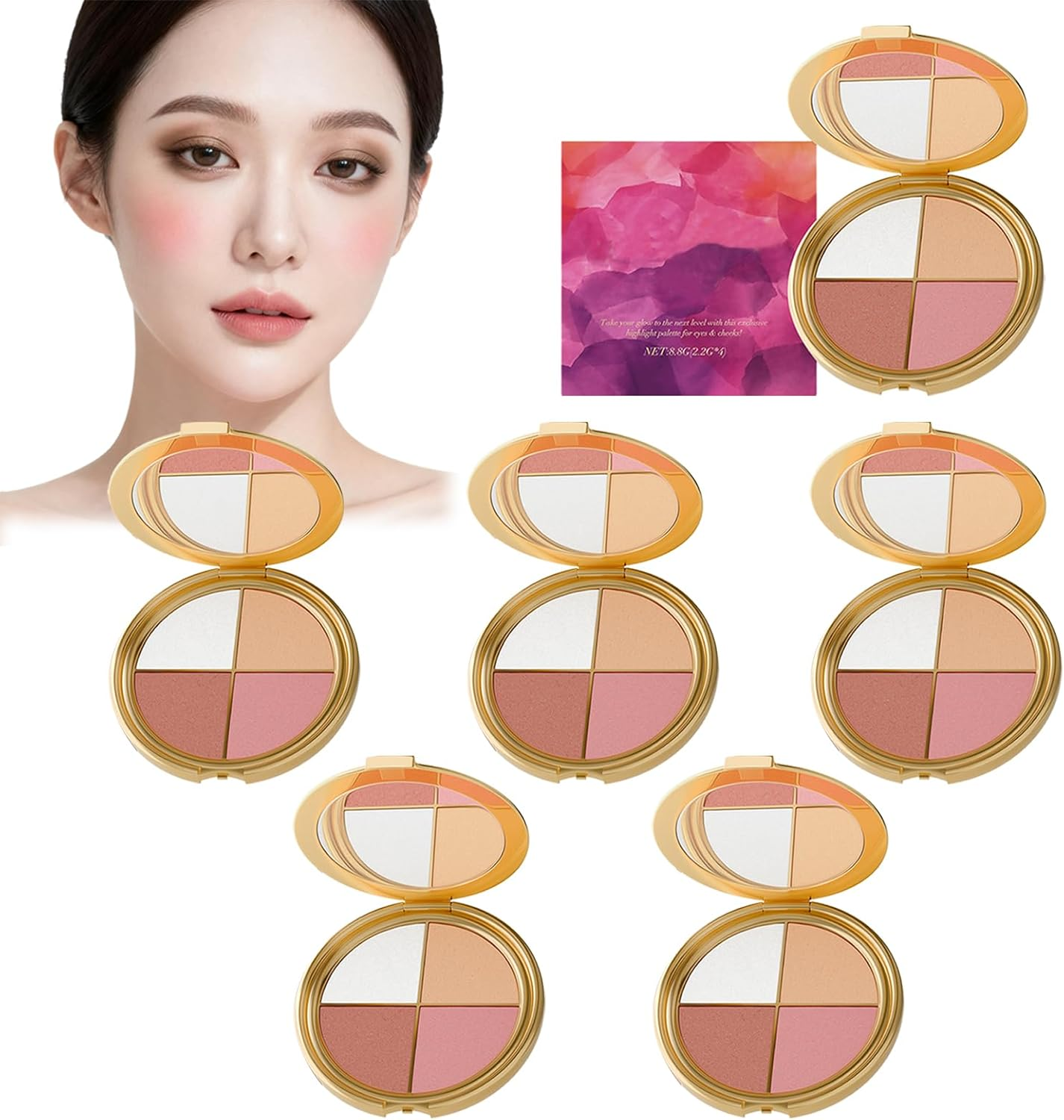 Highlighting Eye&Cheek Palette - Eyeshadow and Highlighter Makeup, 4-In-1 Highlight Shades Makeup for Blush, Silky Smooth and Easy-Blending, Natural Glow Contour Powder, for Cheeks and Eyes (2Pcs)