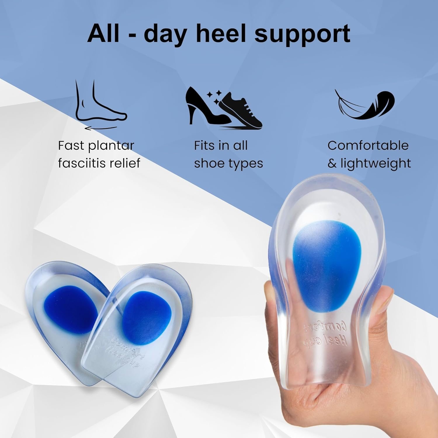 Wonder Care Gel Heel Cushion for Heel Pain Relief Women and Men | Silicone Heel Pad | Plantar Fascitis Inserts Heel Spur Pads| Achillies Heel Support| Cushion Heel Inserts | Small & Large, Pair 1 & 2 image number 4