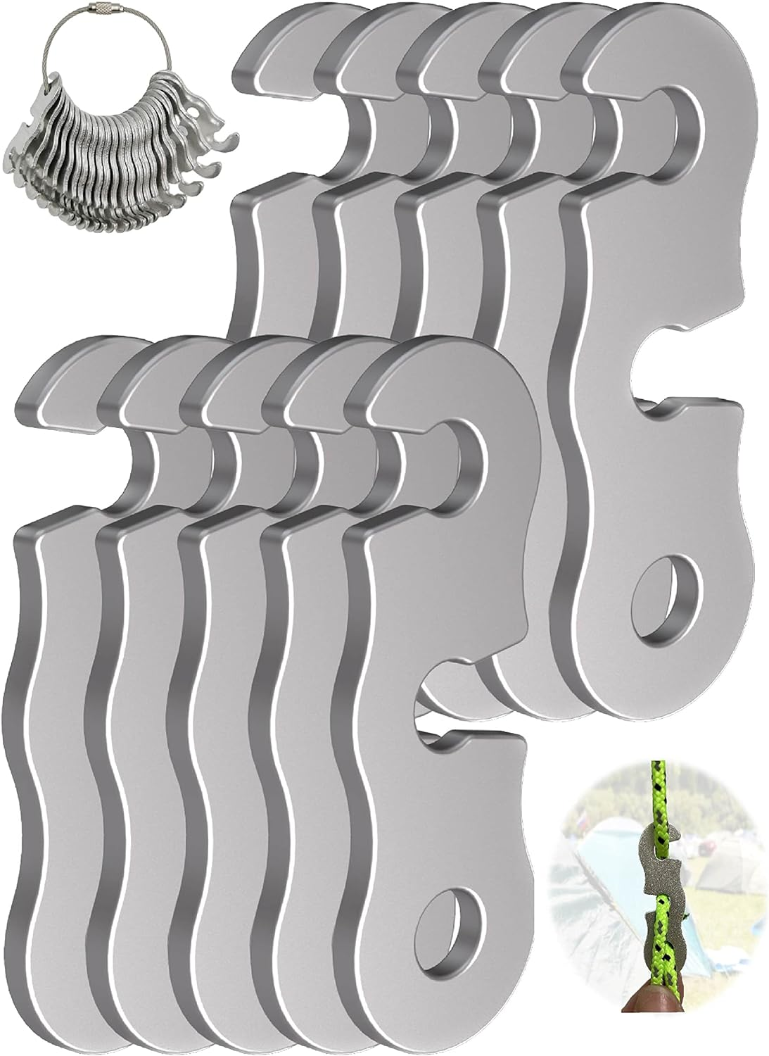 Rope Tensioner (10 Pack) Aluminum Alloy Camping Tent Guyline Cord Adjuster Camping of Gear for Camping, Hiking, Backpacking Ultralight Tent Stakes Guy Lines (Sliver 10 Pack)