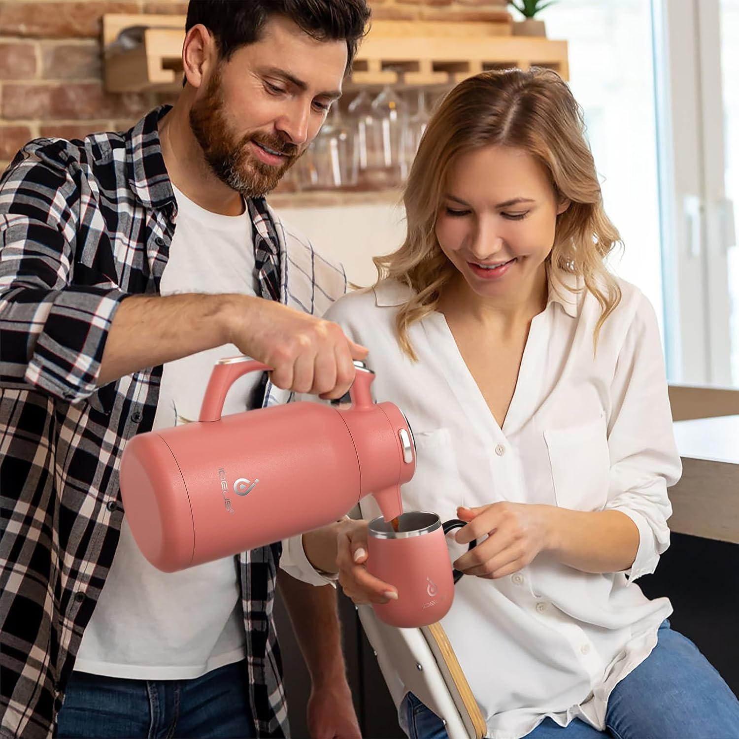 IDEUS Vacuum Insulated Coffee Carafe, 68 Oz (2 Liters) Stainless Steel Milk Jug Thermal Tea Pot Hot & Cold Water Beverage Dispenser (Coral) image number 4