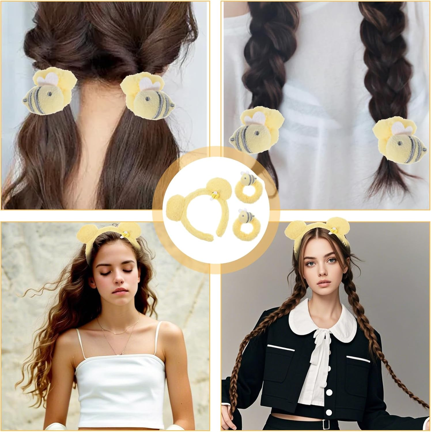 Ptwola 3 Pcs Yellow Plush Bear Ears Headband Hairband Animal Ears Headwear Hair Ties Cute Halloween Festival Cosplay Party Costume Accessories Set Ponytail Holders for Makeup Face Washing image number 2