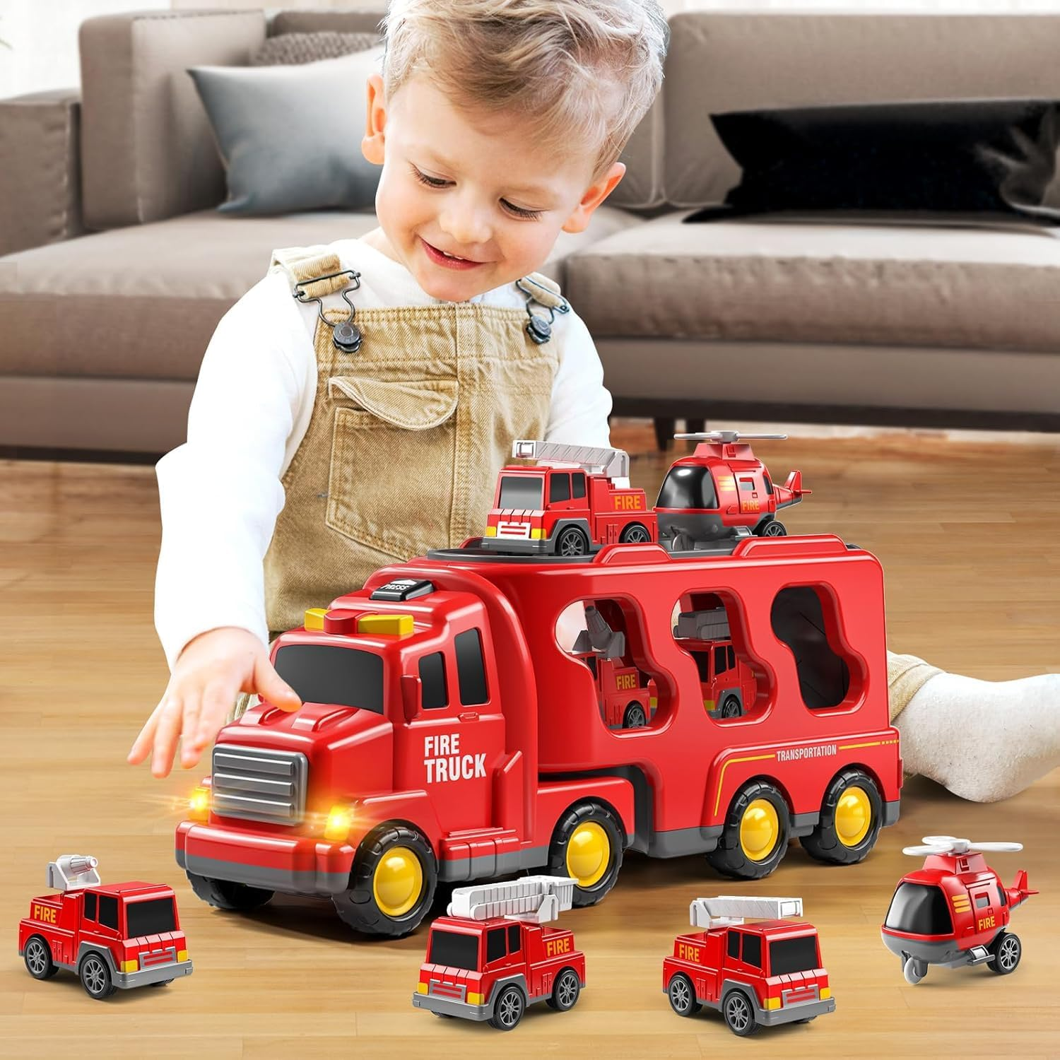 JUKUDAHU 5-In-1 Fire Trucks Car Toys for Kids 2 3 4 5 6 7 Years Old - Transport Vehicle Carrier Truck for Toddlers 3-5 Year Old, Boy Trucks Play Sets, Kids Gifts Toys for Boys Girls Aged 4-6 5-7 image number 5