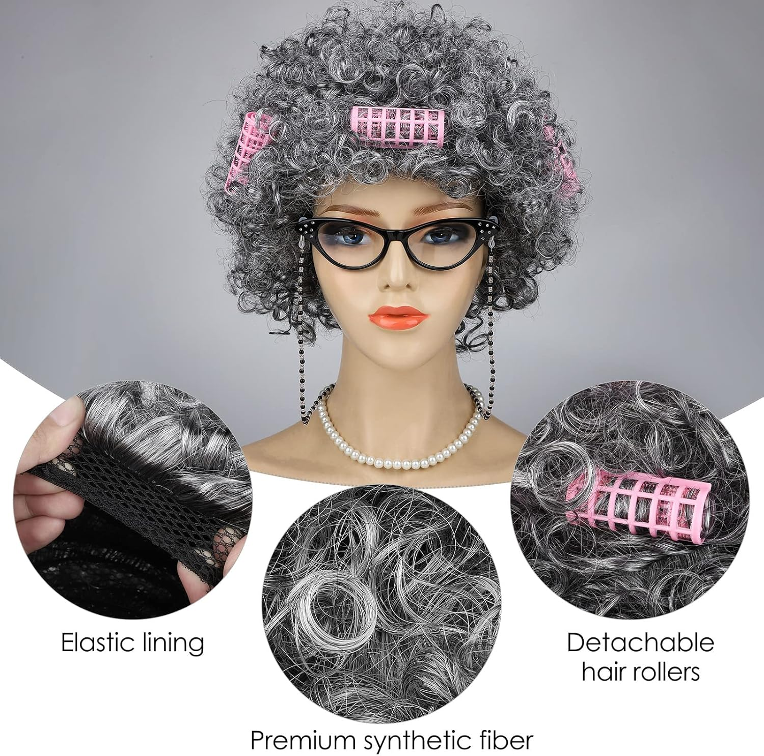 ADXCO 6 Pieces 100 Days of School Old Lady Wig Party Costume Cosplay Set Cane Curling Irons Cat Eye Glasses Necklace Bracelet Light Gray image number 2