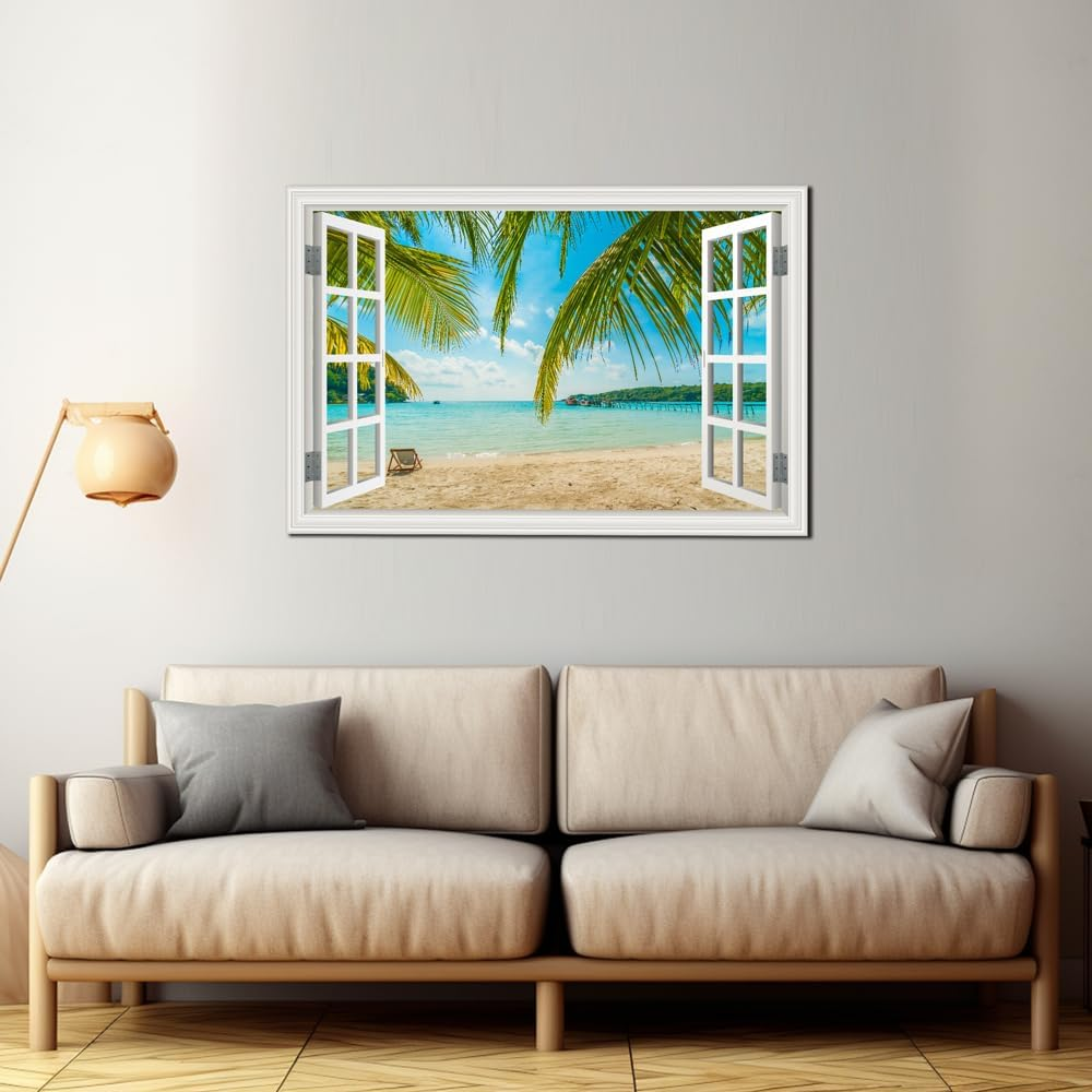 Beach Wall Art Decor Tropical Ocean Canvas Picture for Living Room White Window Frame Style Blue Seascape Paiting for Bedroom Coastal Theme Landscape for Home Office Decorations Ready to Hang(24"*36") image number 1