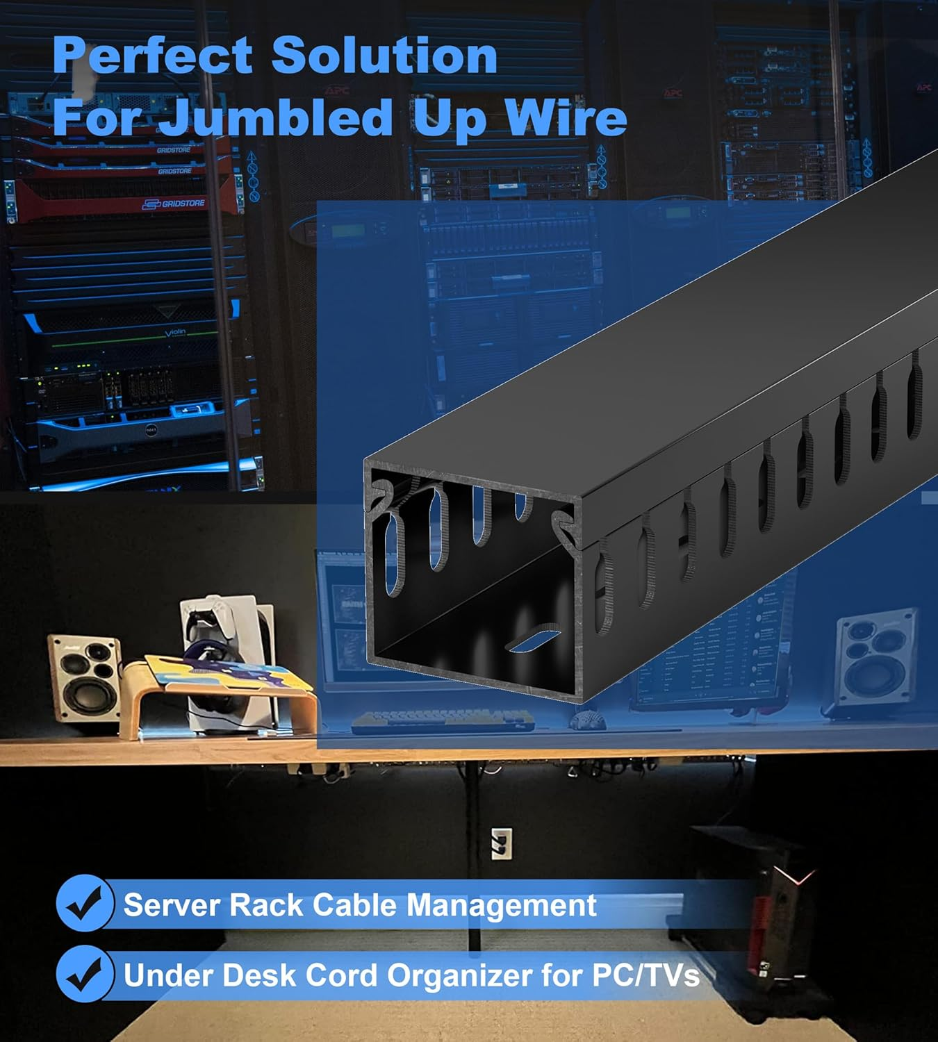 94.5In(6X L15.7In) Professional Server Rack Cable Management Raceway, H1.4 X W1.6In Cable Raceway Kit, Electrically Safe PVC Open Slot Wire Raceway for under Desk/Computer/Network Cords, Black image number 5
