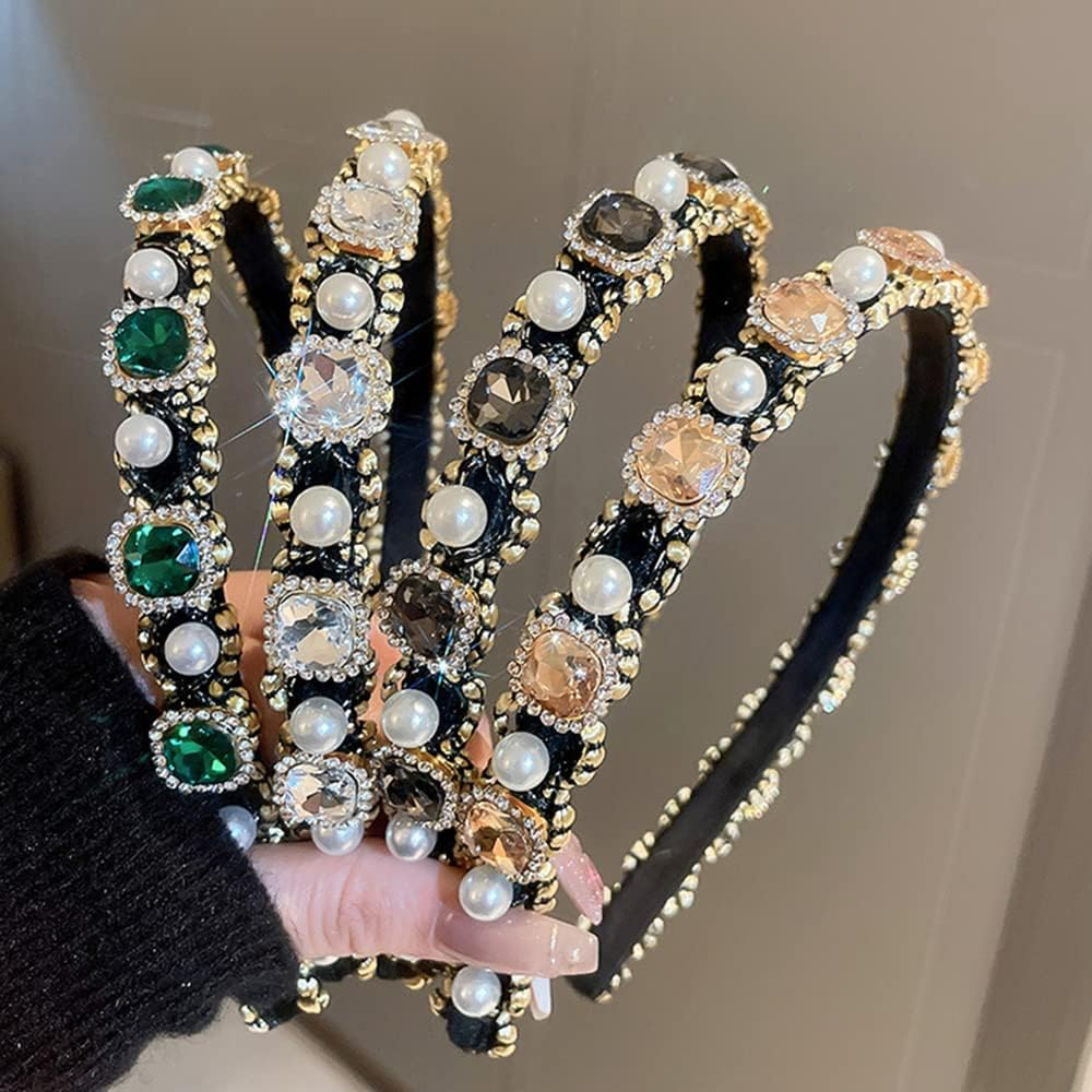 Wiwpar Rhinestone Crystal Headband for Women Girls Sparkly Pearl Beaded Hair Hoops Party Headwear Vintage Style Bling Accessories for Women Girls Christmas Gift (Green) - Color 1 image number 6