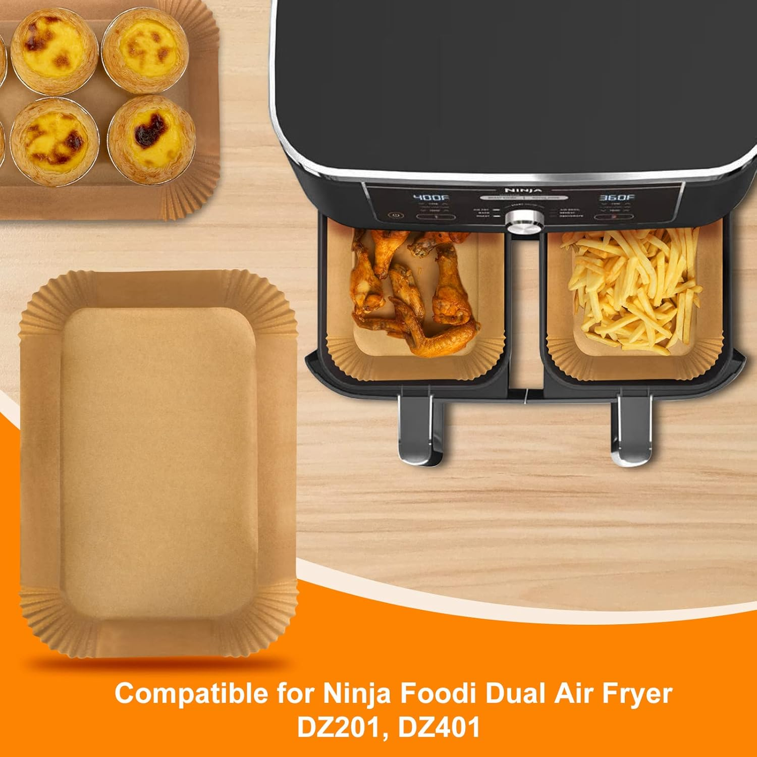 Air Fryer Disposable Paper Liner for Ninja Dual,100Pcs Liners Rectangle 8.6X 5.5'', Parchment DZ201 DZ401, Foodi Dual Accessories Baking image number 3