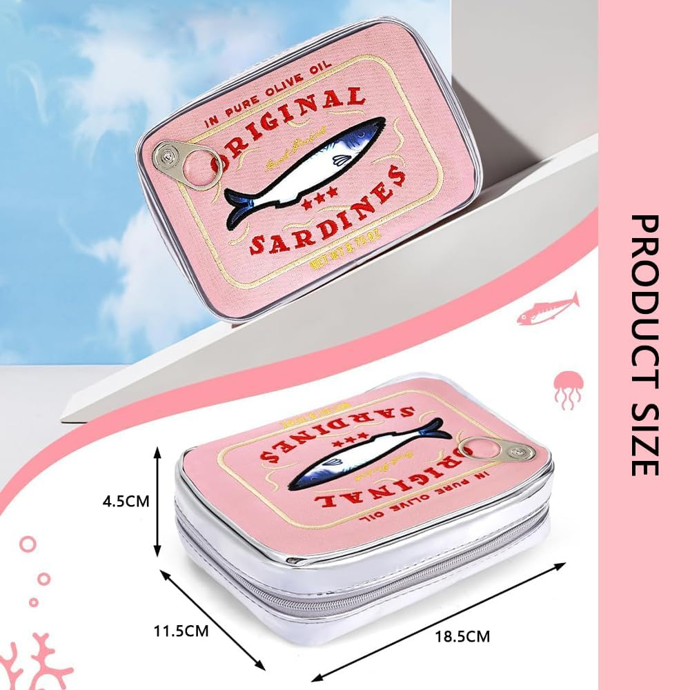 Canned Sardines Makeup Bag &ndash; Cute Kawaii Cosmetic Pouch, Funny Waterproof Travel Toiletry Bag for Women, Creative Fish Design Pencil Case Organizer (Blue) (Pink) image number 6