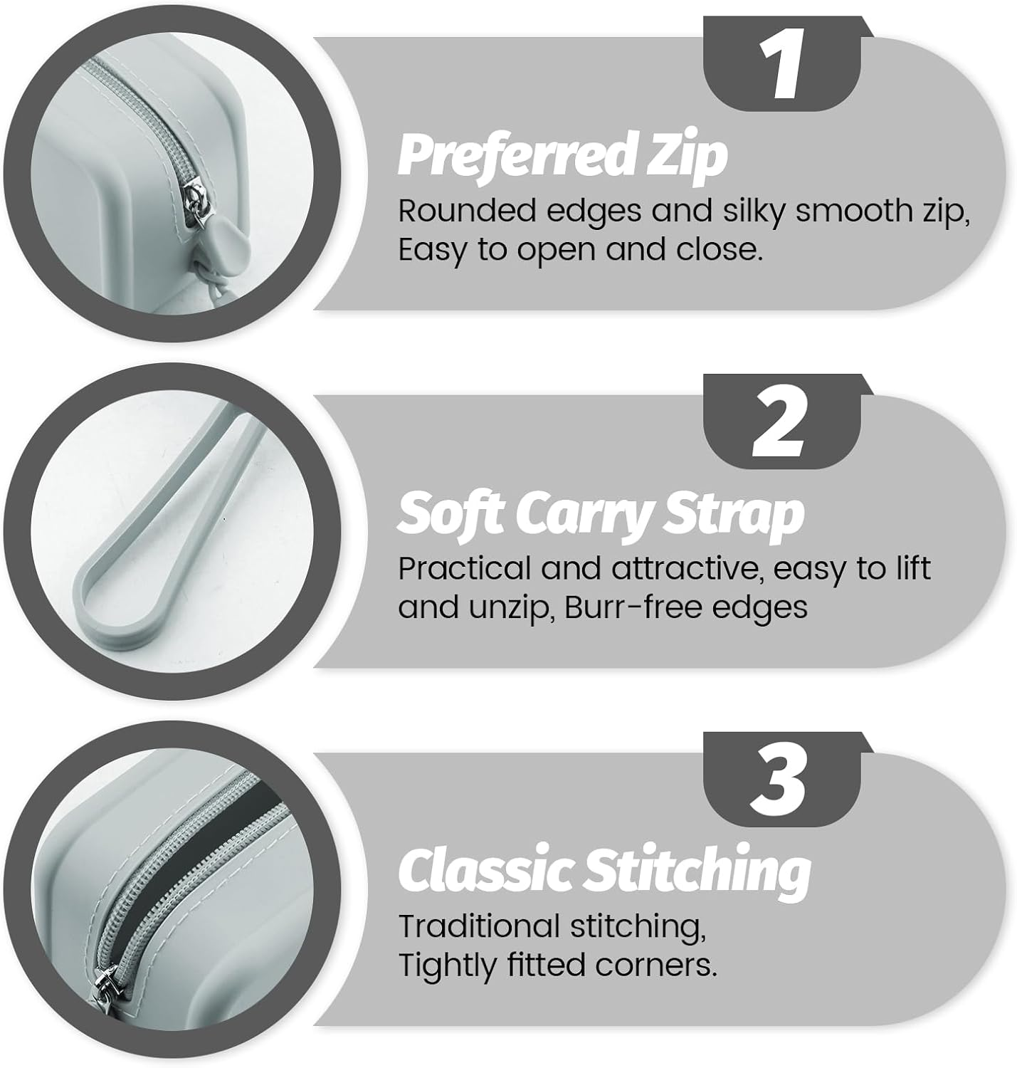 Diakey 3 Pack Silicone Makeup Bag, Soft Waterproof Travel Cosmetic Bag Make up Organizer Case with Hand Strap, Shatterproof Zipper Skincare Pouch Toiletry Bag for Women, Grey, Makeup Bag image number 4