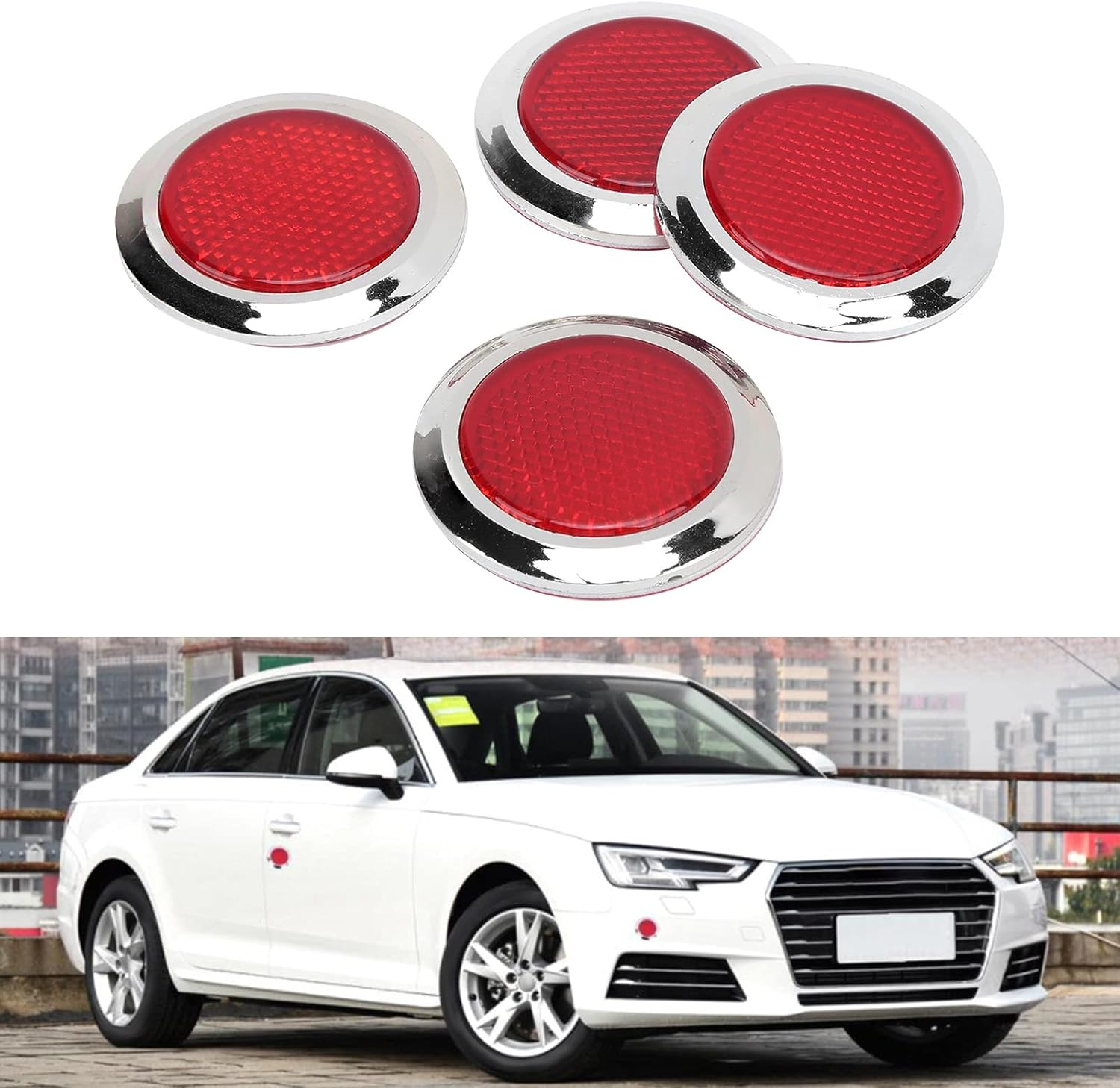 4PCS Red Reflector, ABS Chrome Trim Reflective Sticker Reflector Holder High Visibility round Reflective Protection Universal for Automobile Motorcycle image number 1
