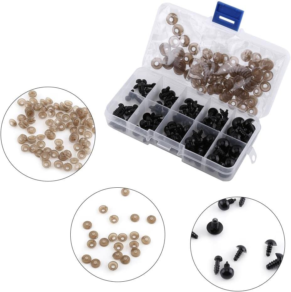 100Pcs Plastic Safety Toy Eyes for Toys Puppet Teddy Bear Doll Animal DIY Crafts 6-12Mm Black with Gasket image number 1
