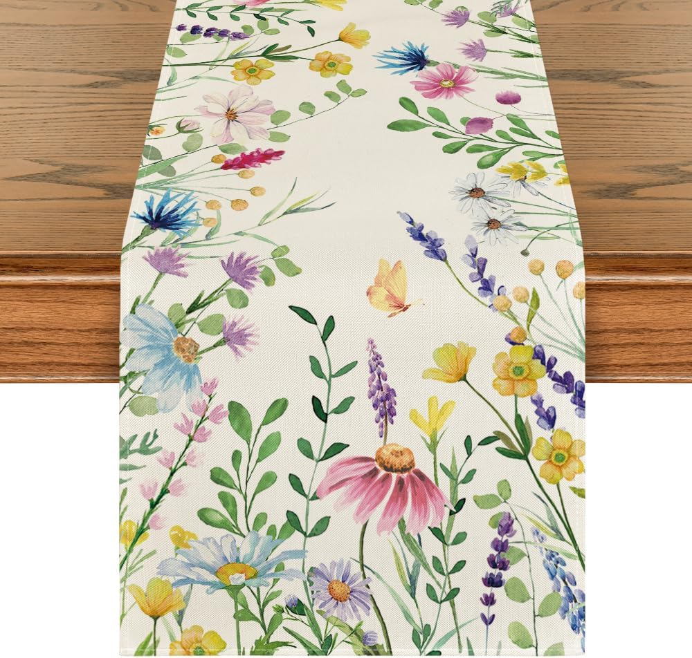Artoid Mode Daisy Eucalyptus Lavender Floral Leaves Summer Table Runner, Spring Kitchen Dining Table Decoration for Home Party Decor 33 X 183 Cm image number 2