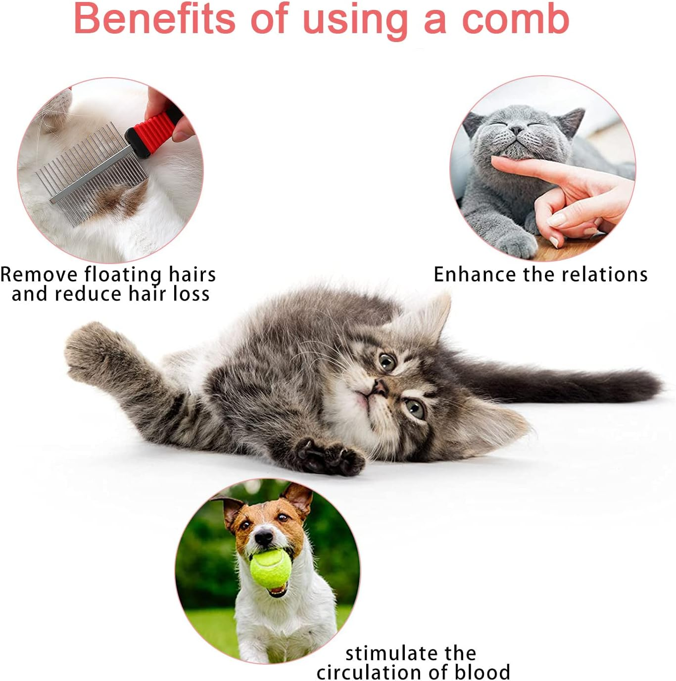 Dog Cat Comb, Dog Grooming Comb,Pet Cat Dog Grooming Brush Comb Trimmer Tool Double Sided Fur Rake Tool Pet Comb Stainless Steel round Wide Dense Teeth Metal Pet Combs image number 5