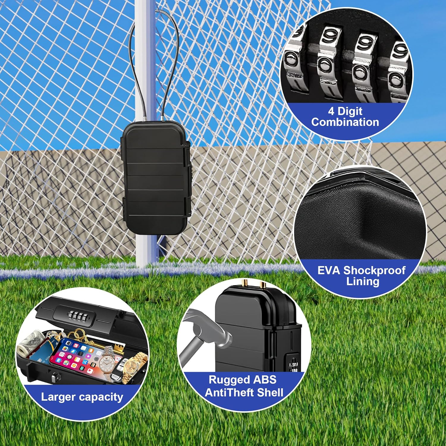 Aumerage Portable Safe Box, Combination Security Case Lockbox with Code, Waterproof Shockproof Travel Safe Lock Cash Box with Removable Wire Rope for Dorm, Travel, Beach, Hotel, Car, Home image number 1